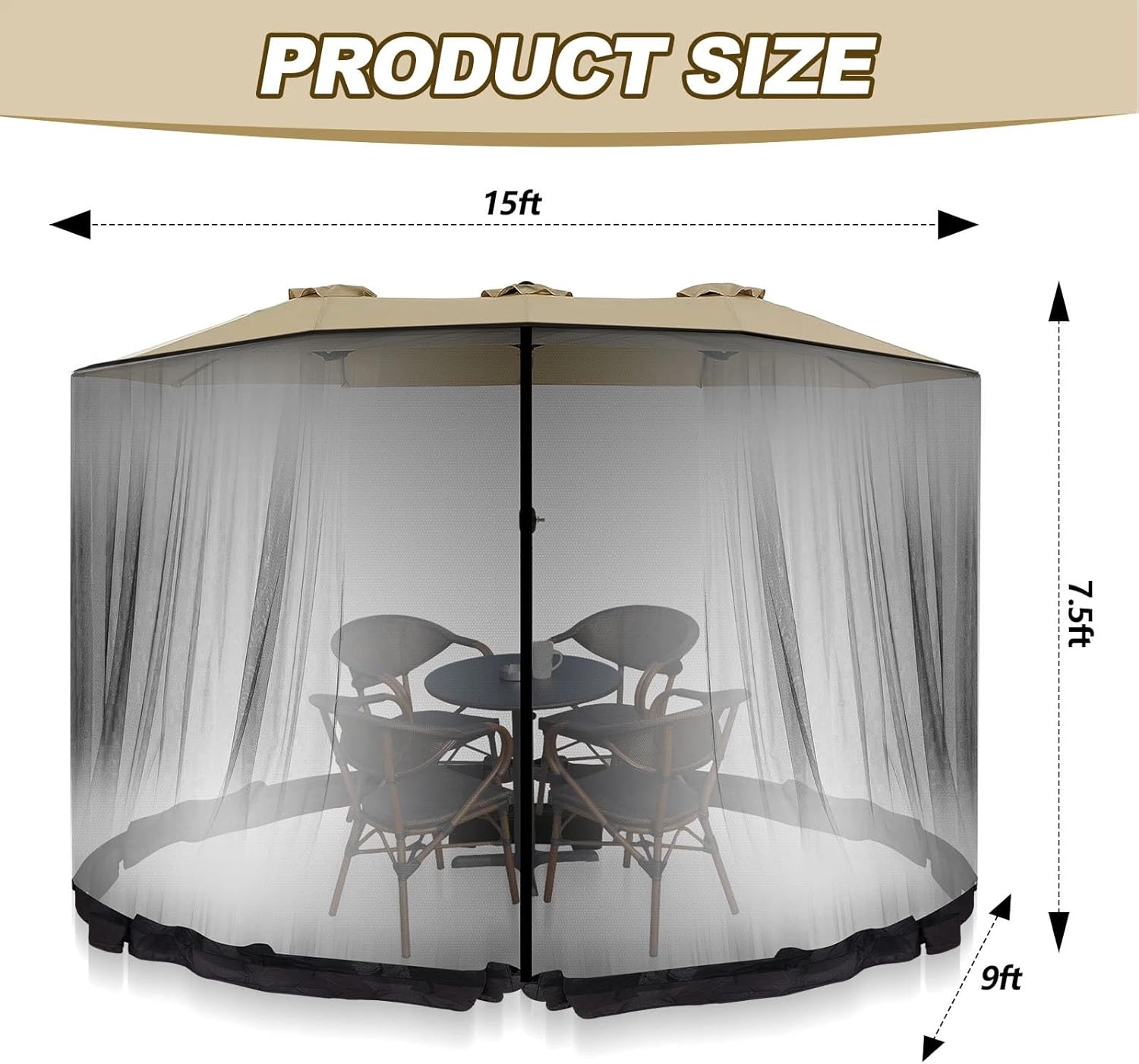 15 FT Mosquito Netting for Patio Umbrella Double Sided Outdoor Patio Umbrella Canopy Netting &10x10 ft Gazebo, Easy Installation, Black （Only Mosquito Net ）