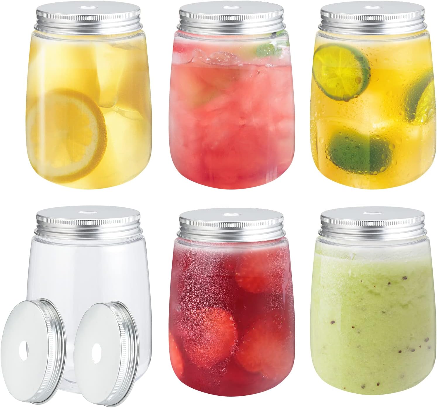 Lanthour Plastic Mason Drinking Jars, 6Pcs 500ml Reuse Plastic Fresh Juice Drinking Jars Jam Smoothies Bottles with Twist Lid & 25Pcs Paper Straws