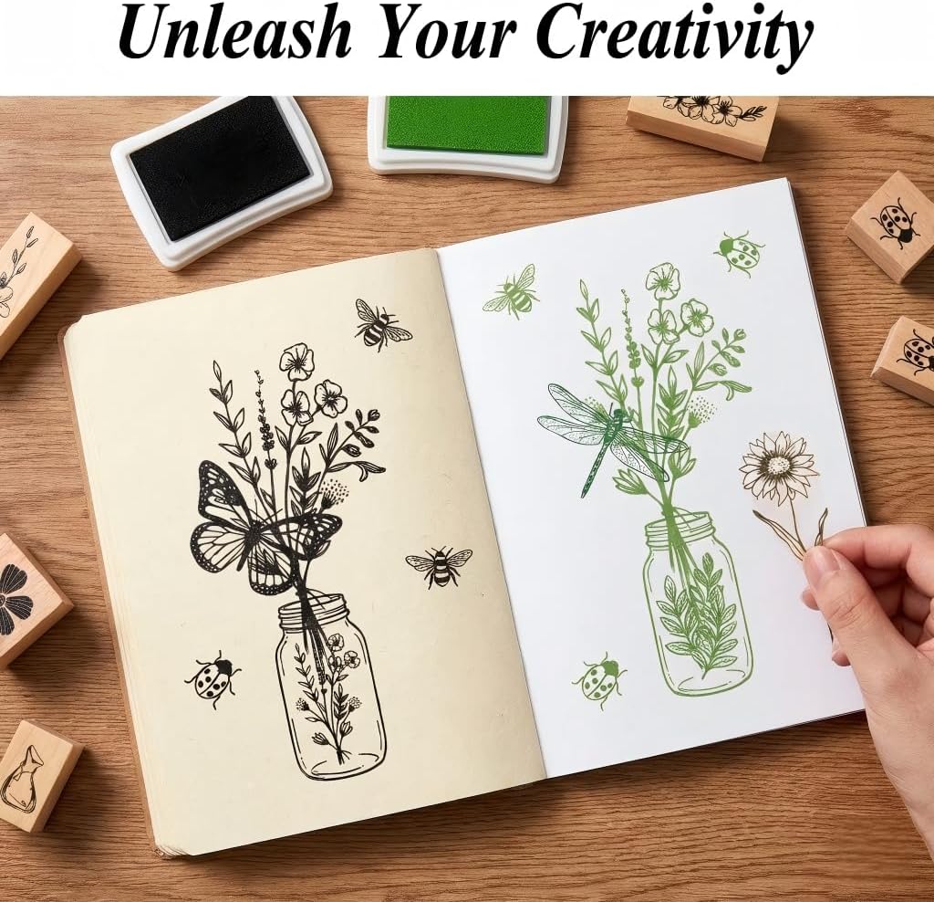 27Pcs Vintage Wooden Rubber Stamp Set - Butterfly, Bird, Floral & Insect Designs for Journaling, Scrapbooking, DIY Card Making, and Art Crafts - Retro Decorative Mounted Stamps