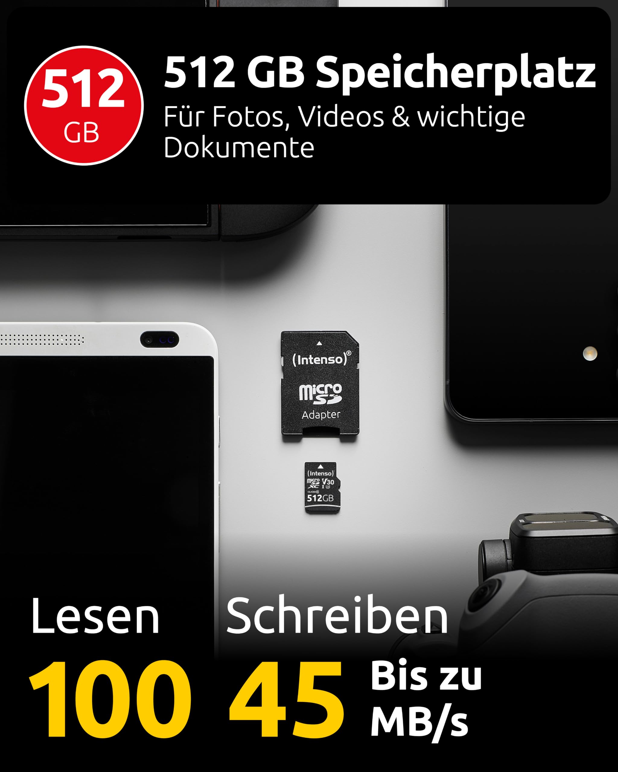 Intenso Professional microSDHC 512GB Clase 10 UHS-I, U3, V30 Tarjeta de Memoria con Adaptador SD, para grabaciones 4K, GoPro, Insta 360, dji, Osmo, Steam Deck, dron, cámara de acción, Negro