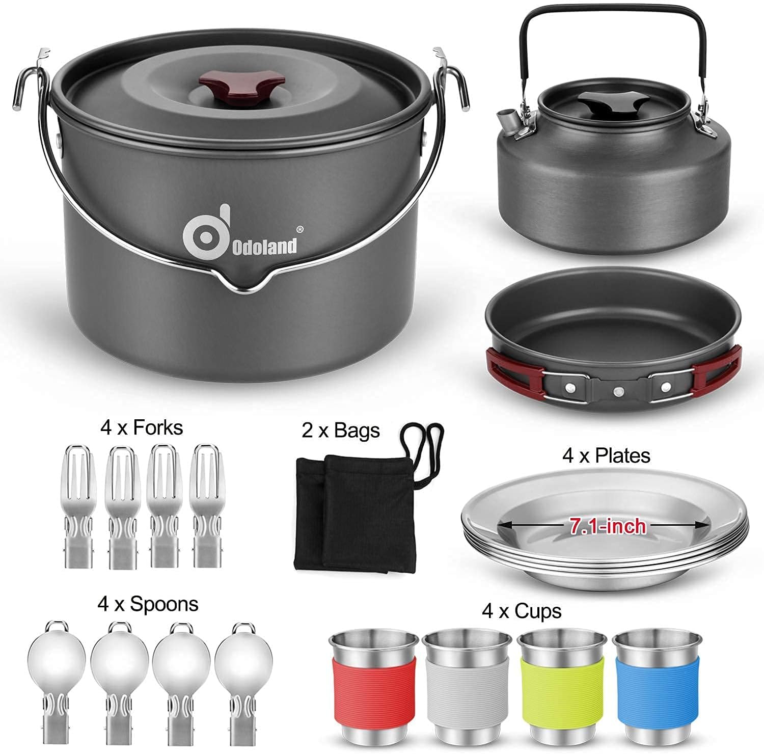 Odoland Bundle – 2 Items 22pcs Camping Cookware Mess Kit and Portable LED Camping Lantern with Ceiling Fan