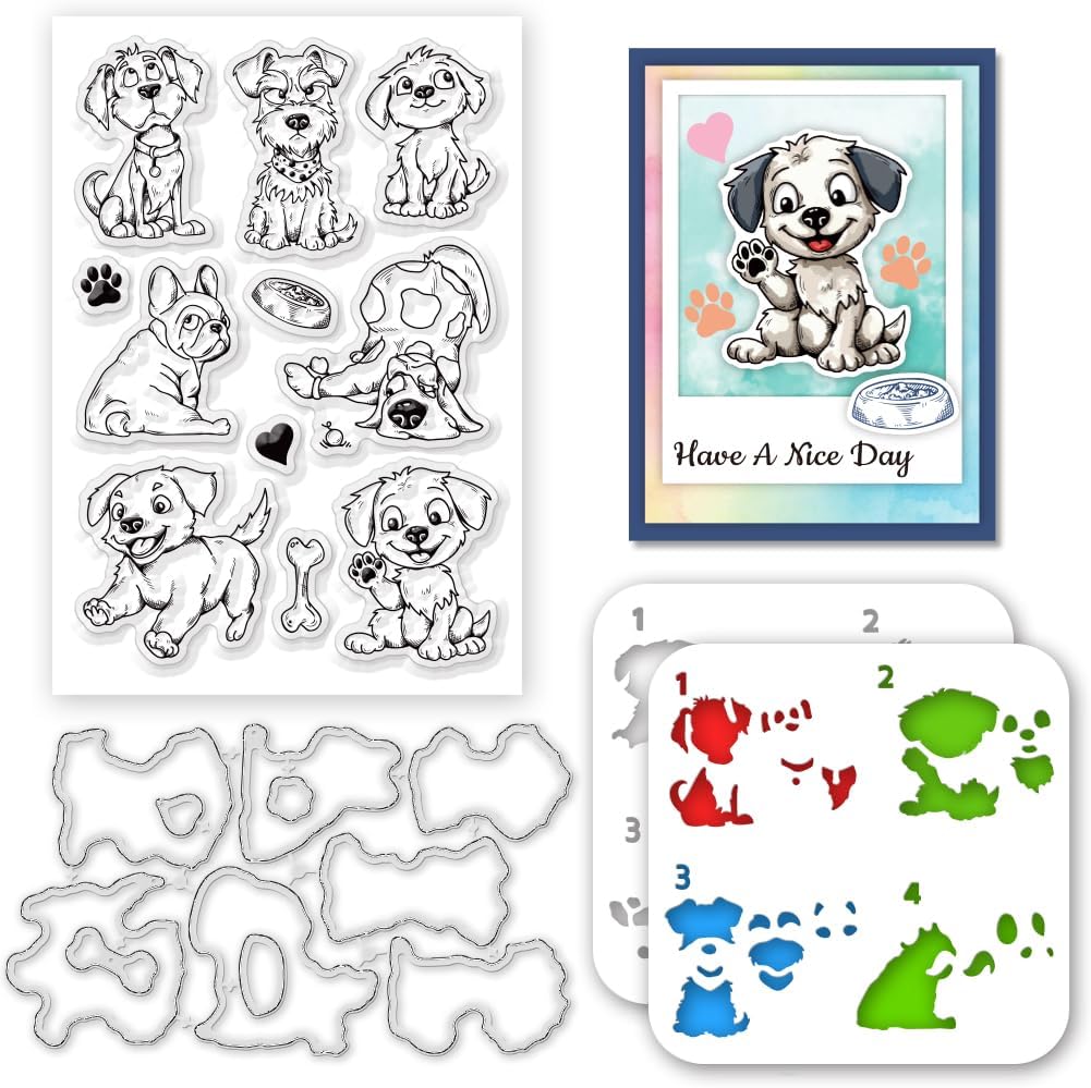 Animal Stamps and Dies for Card Making Layered Comic Dog Silicone Clear Stamps Metal Animal Cutting Dies PET Stencils for Painting Animal Template for DIY Embossing Scrapbooking Craft Decor
