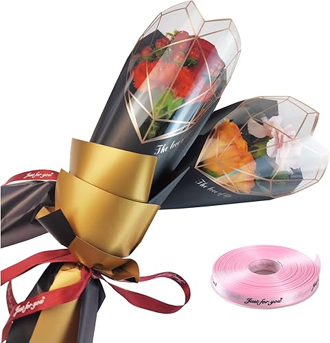 ALL SPECIAL Bolsas de embalaje de flores de rosas individuales y cinta, bolsas de ramo negro para el día de San Valentín, manga de ramo de celofán,
