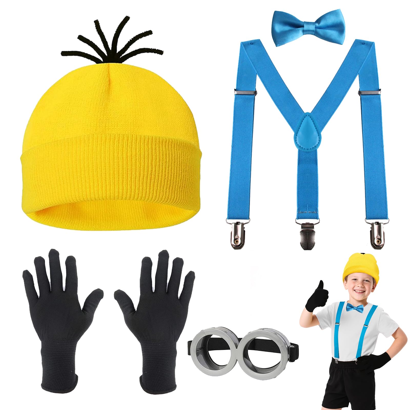 Kostium Minion Dziecko, Okulary Minion Zestaw Kostium Żółty W tym Okulary Steampunk Okulary Czapka Dzianinowe Czapki Czarne Rękawiczki Halloween Kostiumy Cosplay Materiały