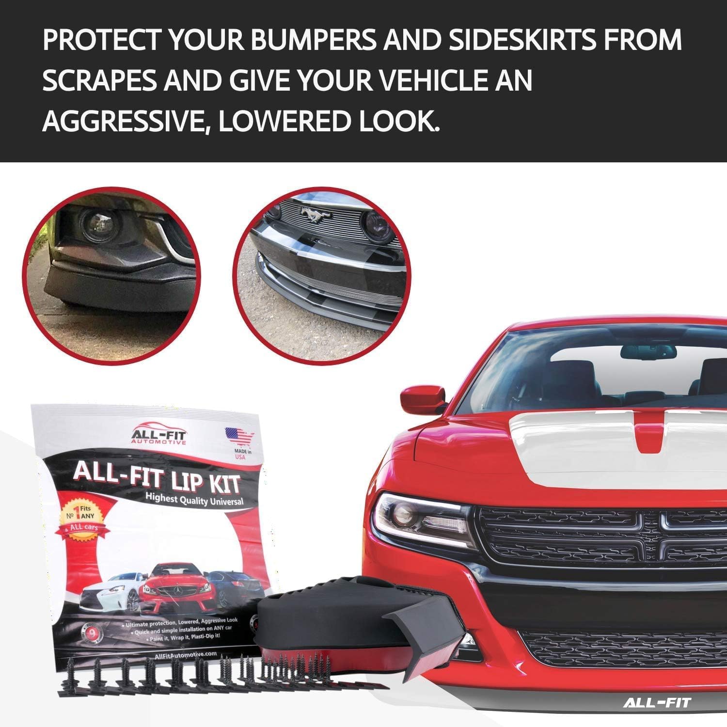 All-Fit Complete 1.5” Lip Kit – Full Car Bumper & Side Skirt Protection – Sleek, Flexible Trim for a Lowered Look – Durable, Easy-to-Install Automotive Exterior Accessories (1.5” W x 30’ L, Black)