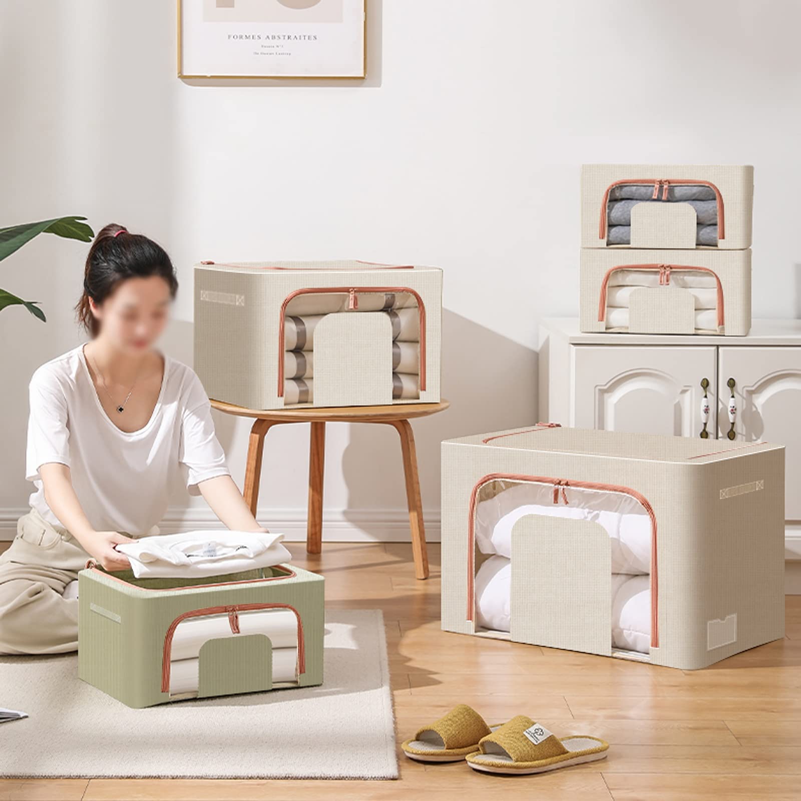 Khaki Borsa portaoggetti sotto il letto con finestra trasparente, maniglia rinforzata e cerniera robusta - Spazioso organizer per vestiti (24 litri)