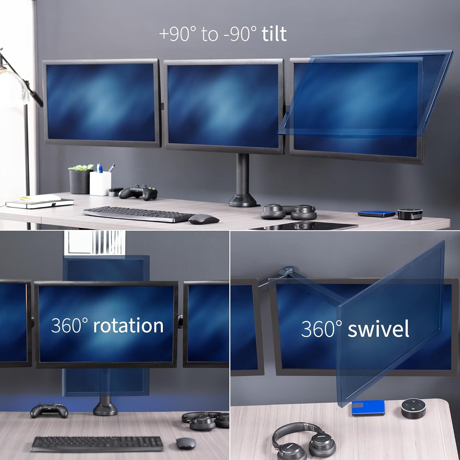 VIVO Triple Monitor 23 to 32 inch LED LCD Clamp-on Desk Mount, Heavy Duty Articulating VESA Computer Stand, Holds 3 Screens, Fully Adjustable for Home Office Workstation, Black, STAND-V103