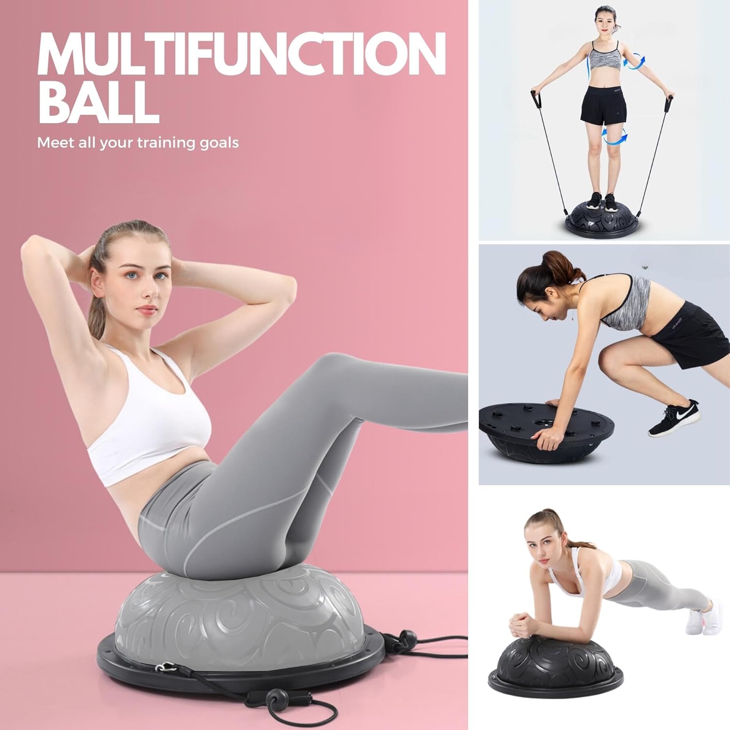 Multiple images showing various exercises on the balance ball
