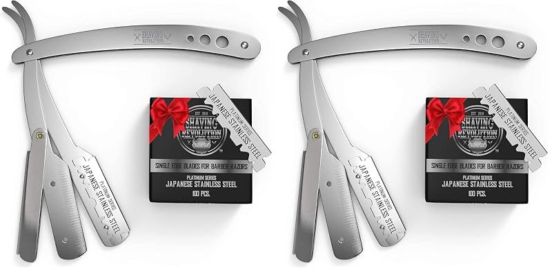 Navalha reta SHAVING REVOLUTION com lâminas de borda única, aço inoxidável e cabo ergonômico — Pacote com 2