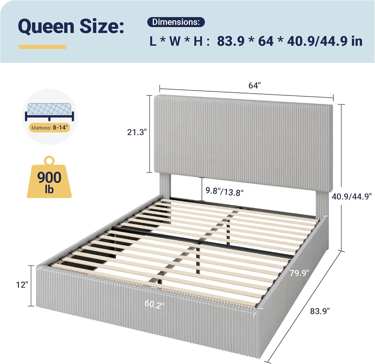 Allewie Queen Bed Frame, Upholstered Platform Bed, Adjustable Vertical Channel Tufted Headboard, Corduroy Fabric, Modern Low Profile, Wooden Slats, No Box Spring Needed, Easy Assembly, Light Grey