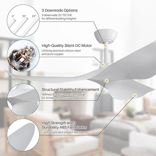 Miniatura 7 de CACI Mall Ventilador de techo blanco de 52 pulgadas, sin luz, moderno, control remoto, perfil bajo, ventilador de techo de 3 aspas con motor CC