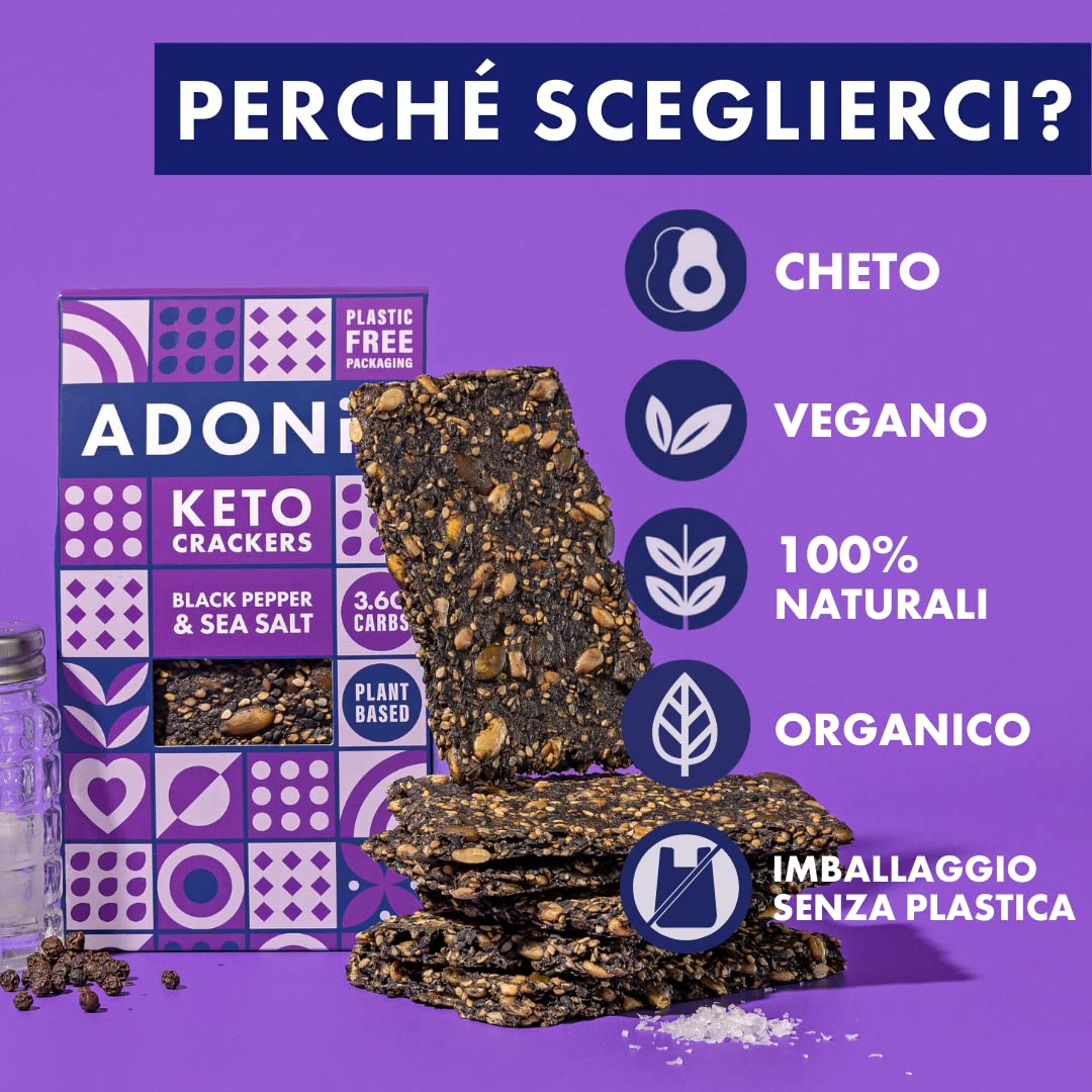 Cracker Proteici Adonis Keto al Pepe Nero & Sale Marino (confezione da 10 x 60g) | Vegano & Keto Friendly | 100% Naturale | Senza Glutine, Senza Zuccheri, Senza Olio di Palma, Senza Lattosio | Basso