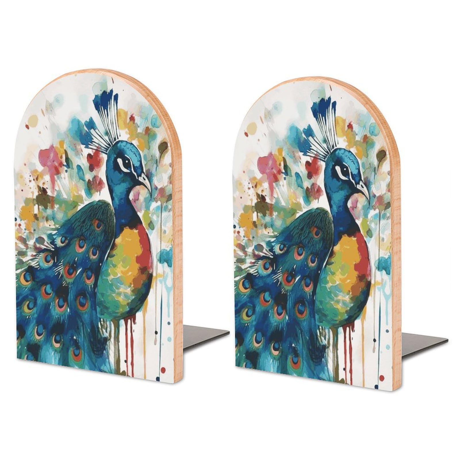 Serre-livres paon aquarelle grand format en bois et métal pour rangement de bibliothèque