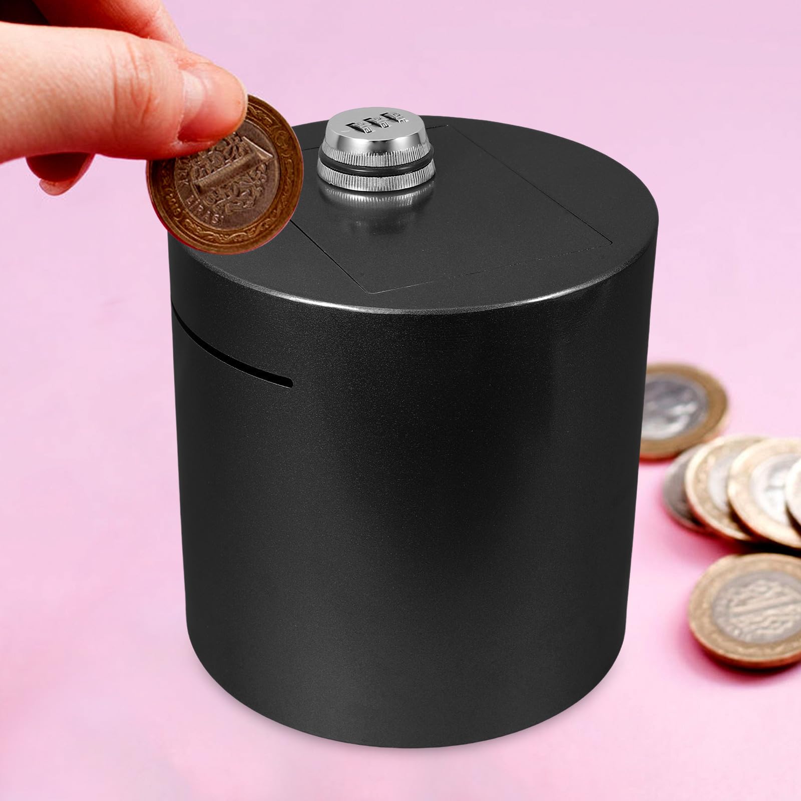 Alasum Tirelire en Métal Serrure à Code, Taille Moyenne 15x15 Cm, Récipient à Pièces et Billets Incassable, Boîte à Économies pour Adultes et Garçon et Filles, Monnayeur de Bureau Noir,