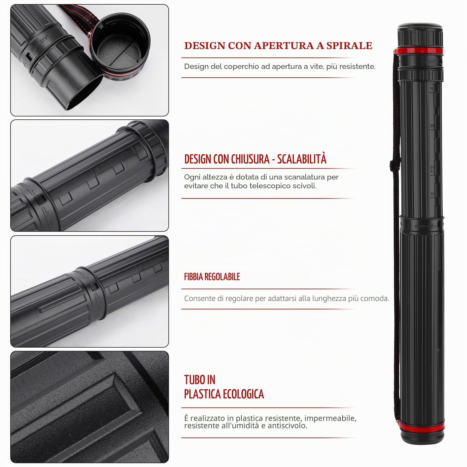 DEWEL Rotolo di poster telescopico A1, rotolo da disegno, 45-75 cm, per poster e lavagna a fogli mobili, lunghezza e tracolla regolabili, plastica, 1 pezzo, Tasca aggiuntiva