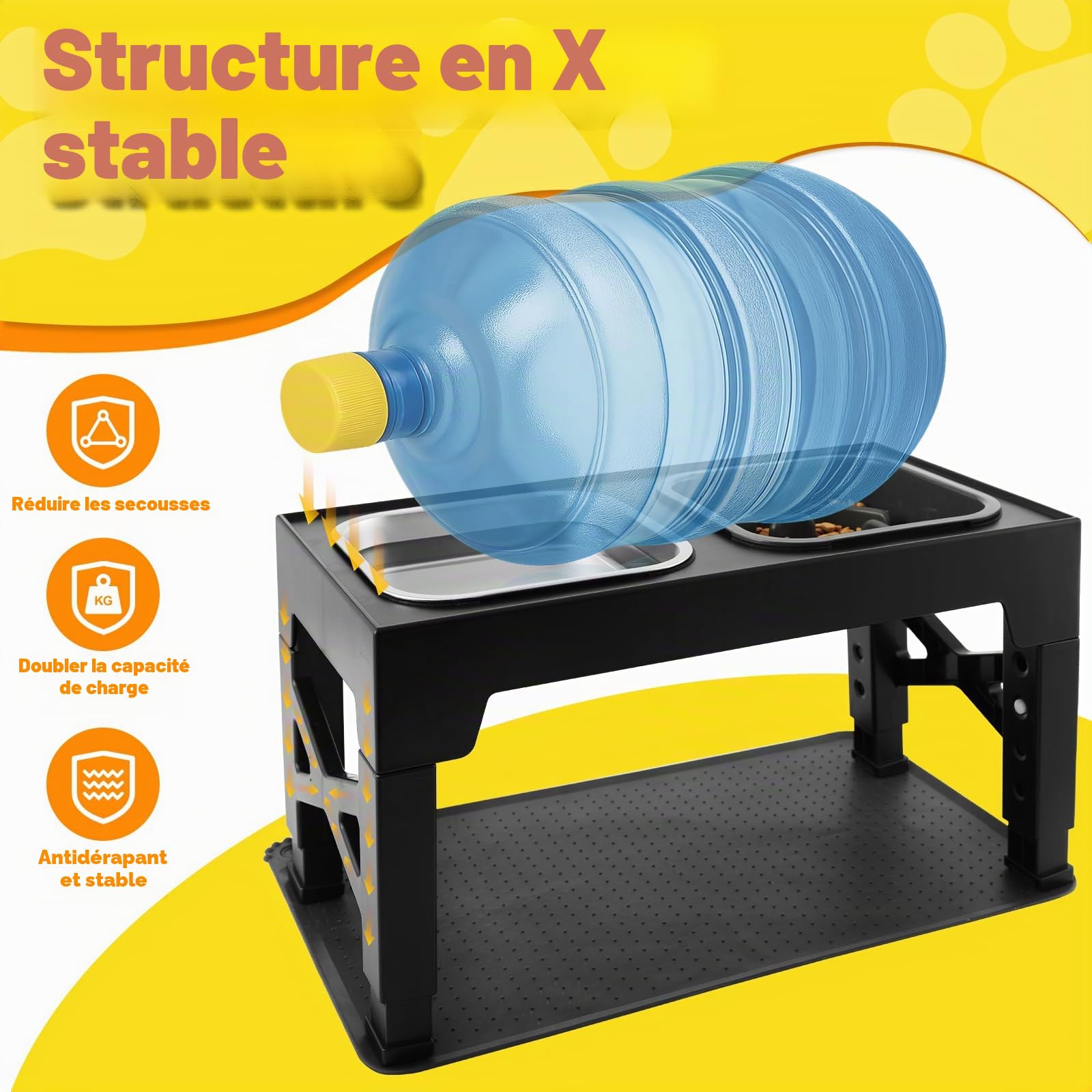 Gamelle pour Chien Surelevee et Réglable -Acier Inoxydable 1400ml + Anti-Glouton 1100ml + Voyage + Tapis- Support Gamelle Chien surélevée antidérapant pour Chiens de Taille Moyenne/Grande
