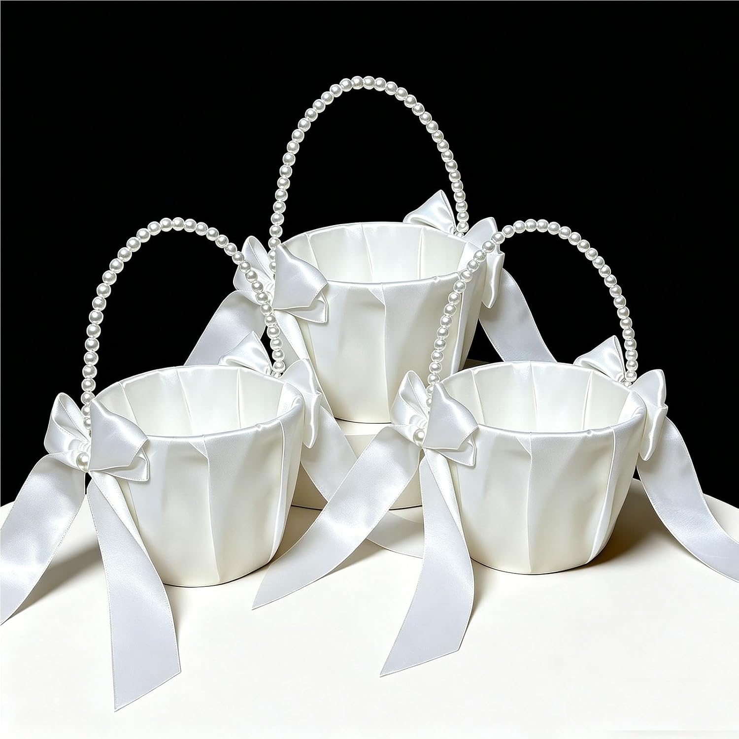 Wedding Flower Girl Basket with Cute Pearl Handle - Elegant Small Satin Bowknot Satin Baskets for Decoration-Perfect for Flower Girls, Wedding Party