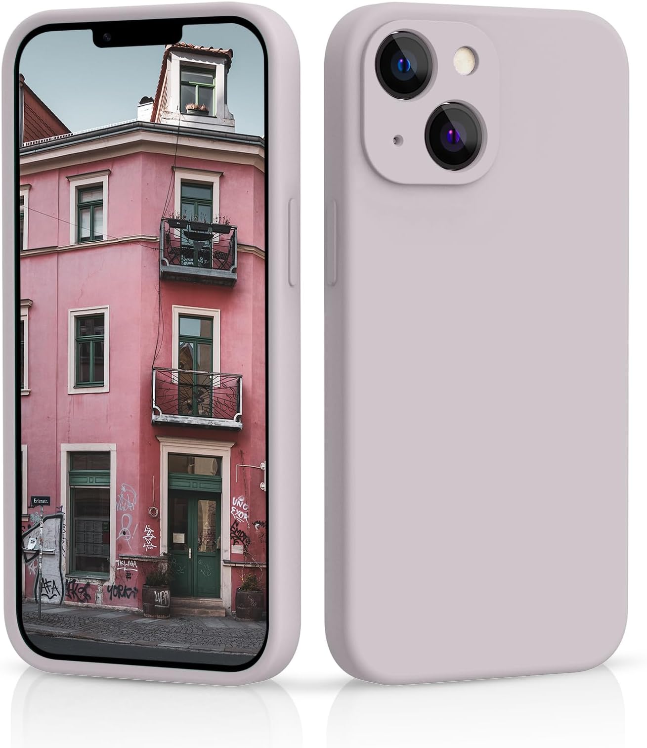 CALOOP Slim-Fit for iPhone 13,Sturdy Shockproof Hard Frame Cover with Anti-Scratch Microfiber Lining,Skin Soft Liquid Silicone,Full Protection for Screen and Camera Lens(Chalk Pink)