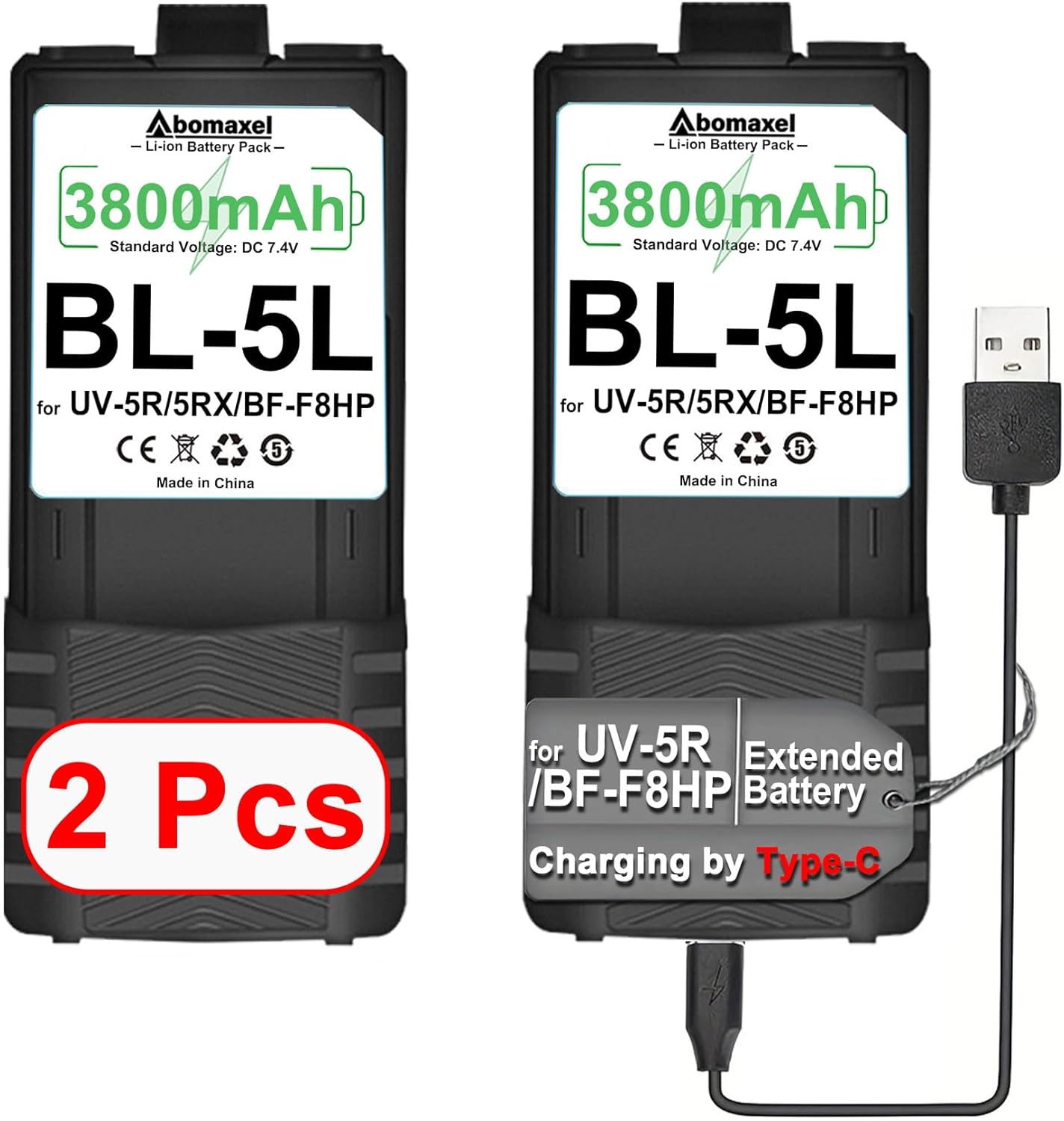 2 Pcs Replacement Battery for Walkie Talkie, Type-C Charging, Upgraded Battery of BL-5, BL-5 Extended Battery, 3800mAh 7.4V Li-ion Polymer Battery Pack, Compatible with UV-5R UV-5RX BF-F8HP Series