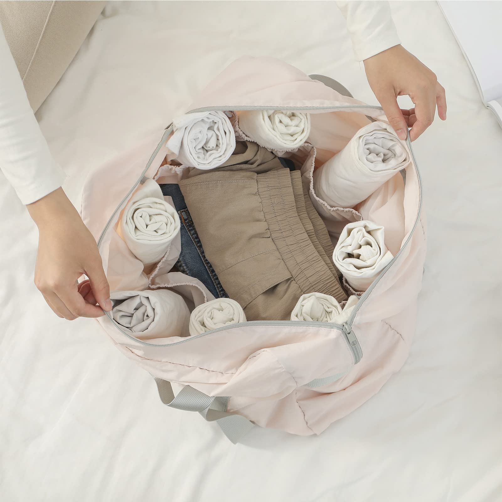 VanFn Borsone da viaggio pieghevole, borsone sportivo da palestra, borsa da palestra in nylon impermeabile, borsone leggero per donne e uomini, borsa da weekend all'aperto, serie P.Travel, Rosa chiaro