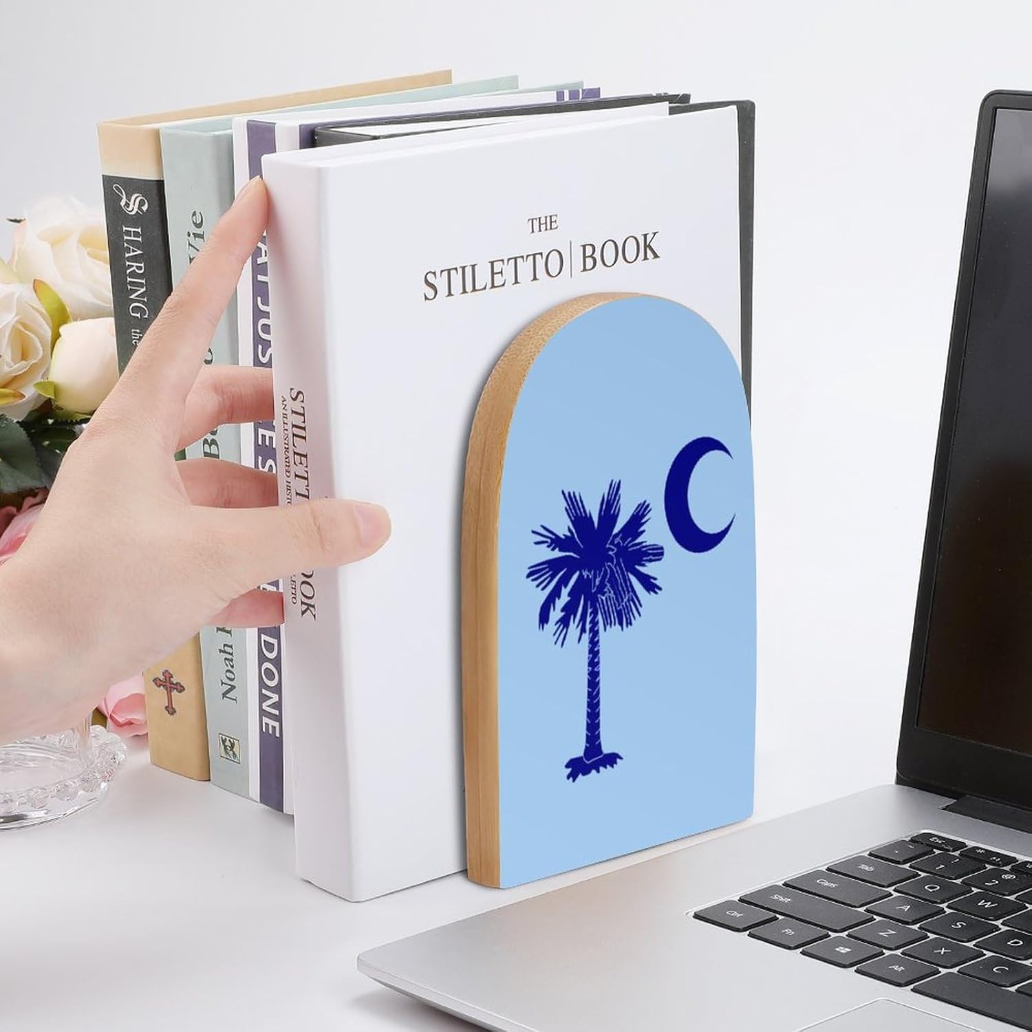 South Carolina Flag Palm Cute Wood Book Ends Decorative Bookends 1 Pair Non-Skid for Shelves Home Office 7 X 5 Inch