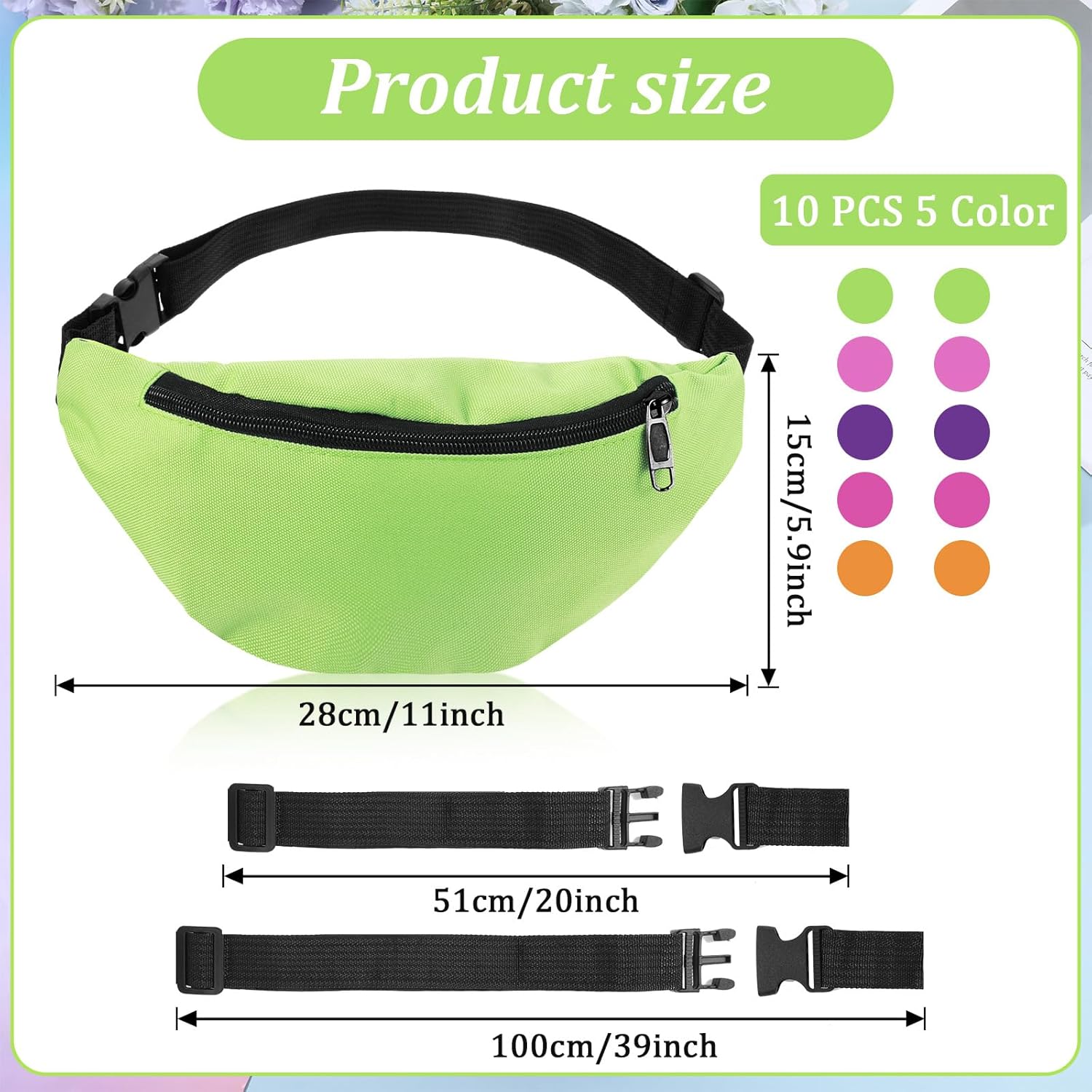 10 Pcs Neon Fanny Bag 80s Party Adjustable Pack Oxford Cloth Workout Traveling Running Waist Bags with Zippered for Outdoor Rave Party Women Men, 5 Colors - Image 2