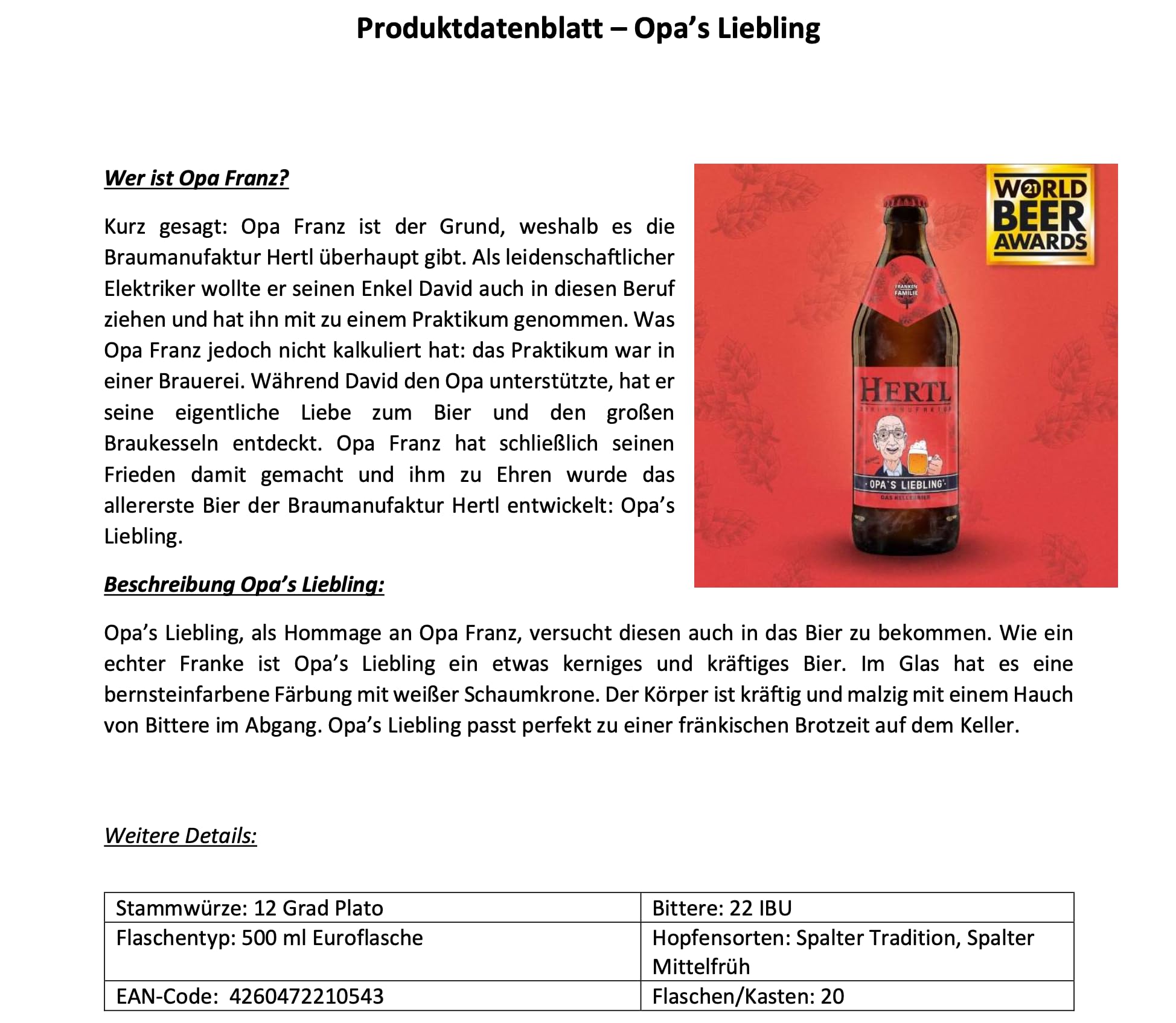 Hertl Opa's Liebling Kellerbier - Fränkisches Kellerbier aus der Braumanufaktur Hertl | Bernsteinfarben | Mild, Malzig | 0,5L 4.8% vol