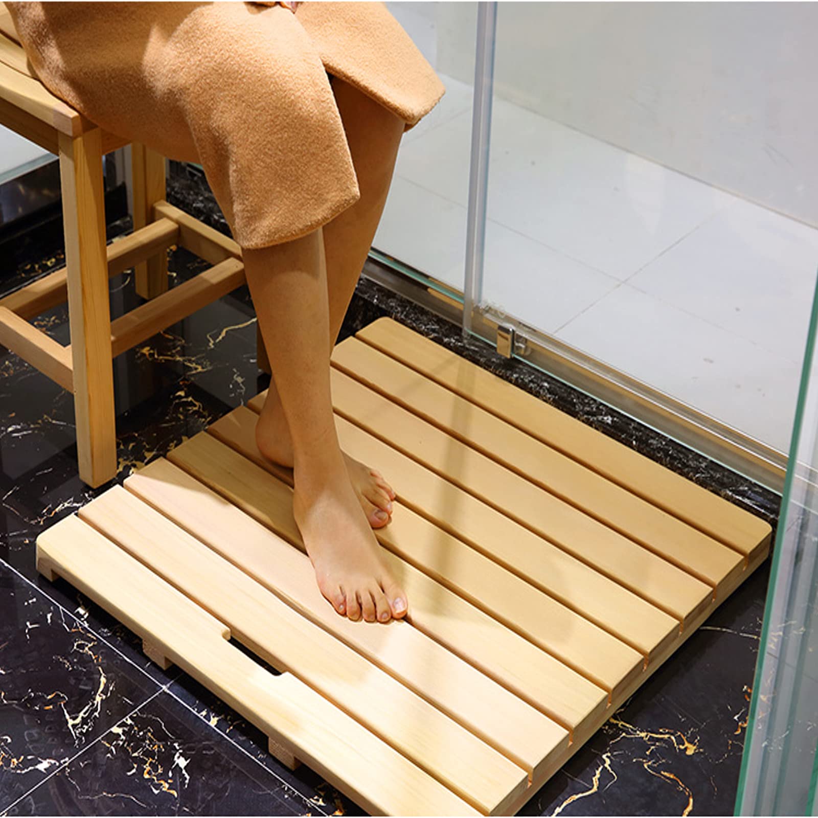 Sortie de Douche en Bois Bambou Naturel,Tapis de Salle de Bain en Bambou Antidérapant,pour Un Usage Intérieur ou Extérieur,Tapis de Bain Douche,Spa et Sauna (45x50cm/18x20in)