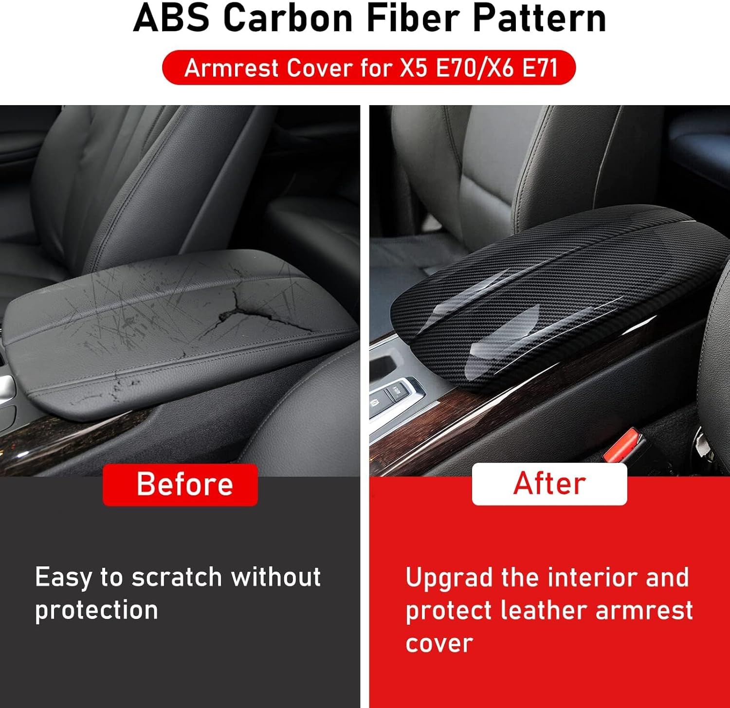 TTCR-II Compatible with BMW X5 Console Cover 2007-2013, for BMW X6 Center Console Cover 2008-2014, 2 PCs Center Armrest Protectors for X5 E70 and X6 E71 (Buckle Type, Not Real Carbon Fiber)