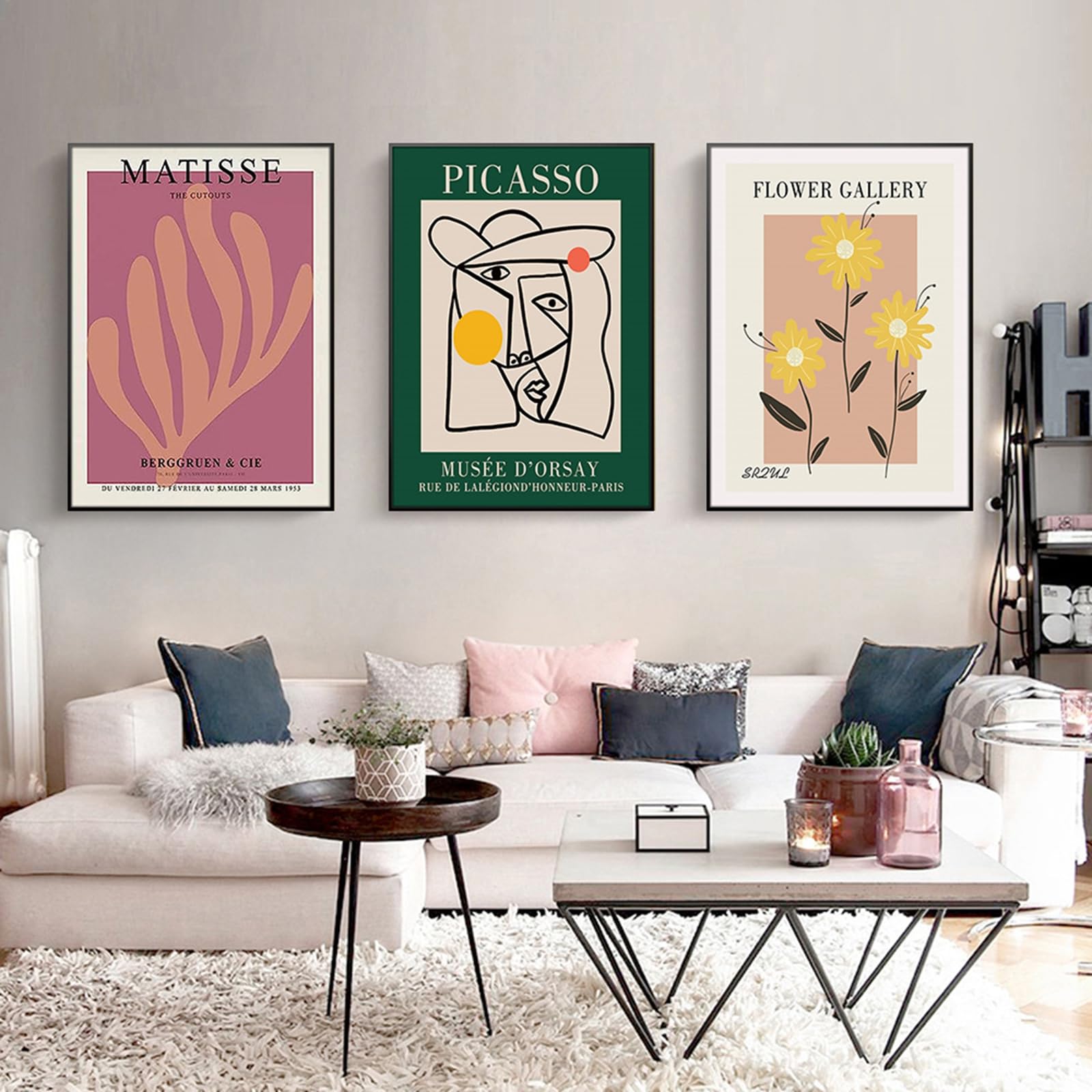 ZBELLO Set of 3 Posters, Abstract Picasso and Matisse Floral Canvas Prints, Mid-Century Modern Flower Posters, Aesthetic Art Prints for The Living Room, Bedroom and Home Decor, Unframed (40x60cm)
