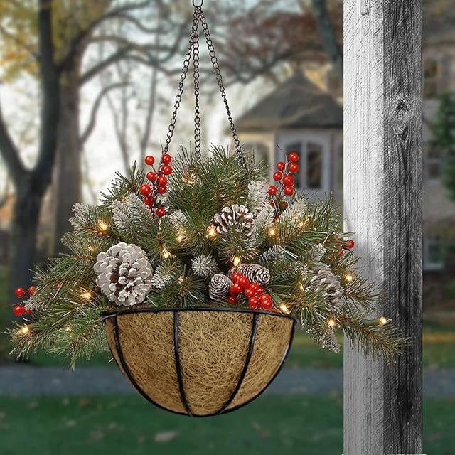 Cymwer Luminous Pre-lit Christmas Hanging Basket, Artificial Hanging Basket Frosted Berries Christmas Artificial Xmas Pendants Party Supplies Festive Props for Home Garden Yard