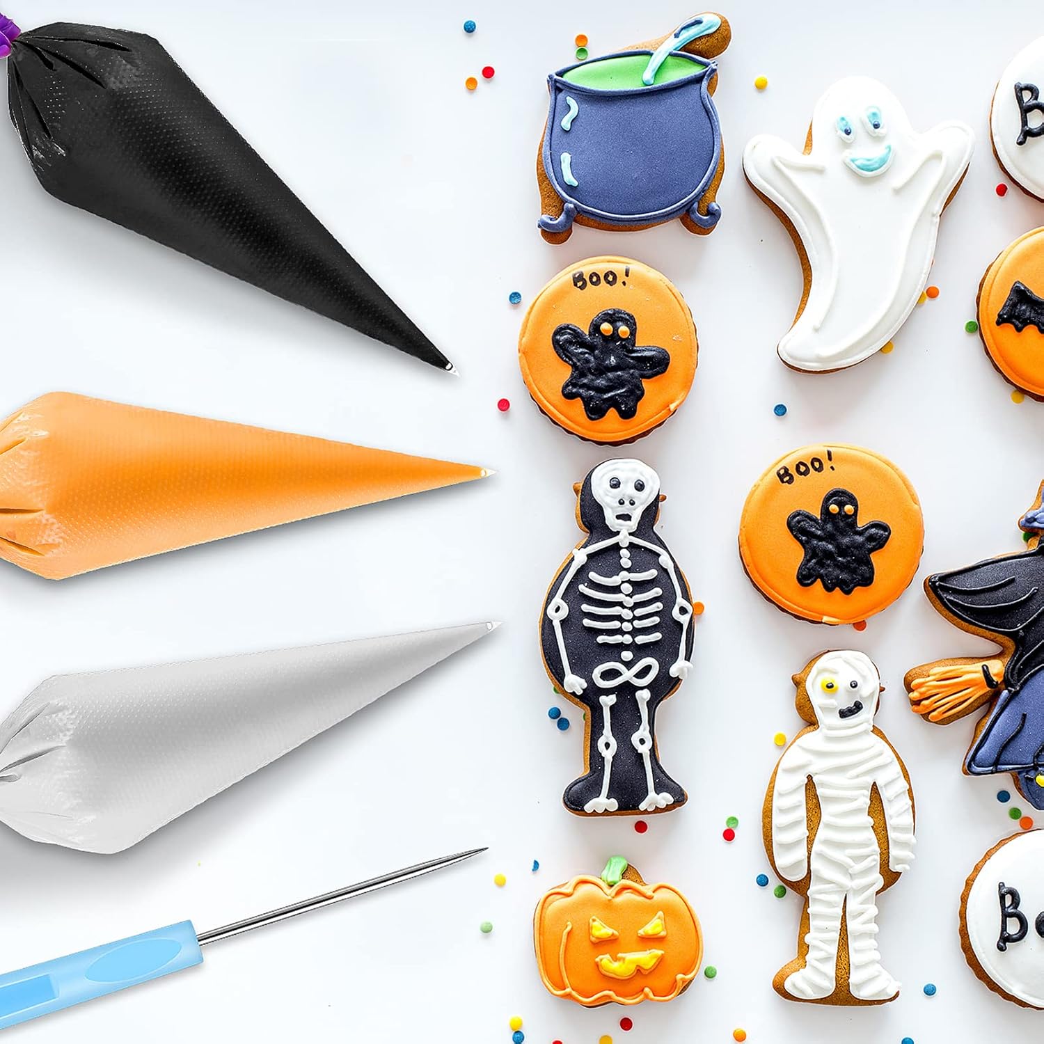 122 Pieces Cookie Decoration Tools, 100 Pcs Piping Pastry Bag, 10 Pcs Pastry Bag Ties, 10 Pcs Pastry Bag Clips and 2 Pcs Plastic Awls for Halloween Cookie Cake Decoration (Blue,10 Inch)