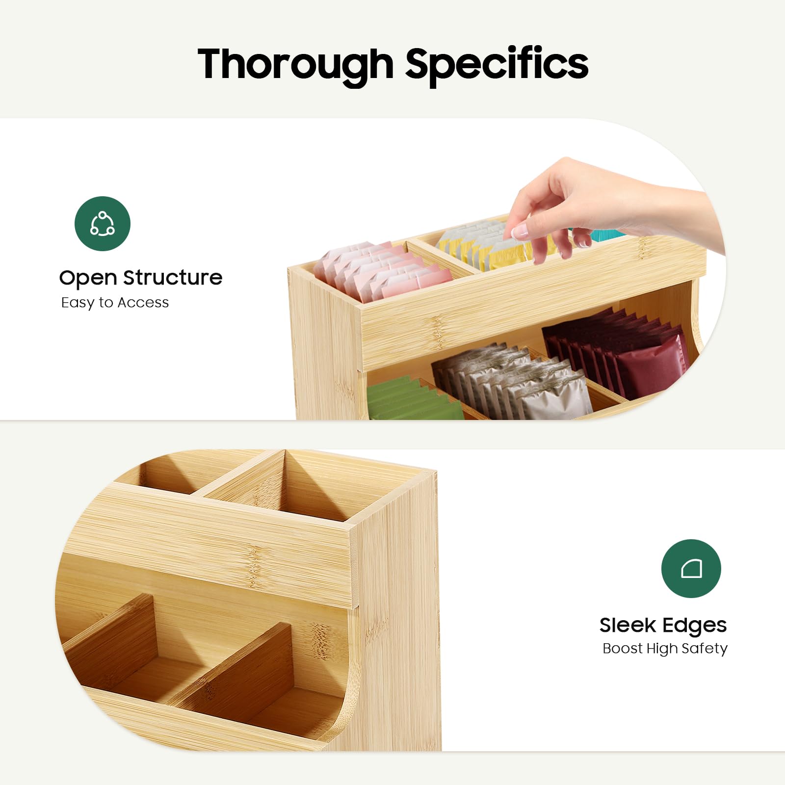 Organizador de bolsas de té de bambú con 9 compartimentos y 3 niveles (27 x 17,5 x 24 cm), capacidad de carga de 5 kg, para casa, oficina y cafetería, diseño sostenible