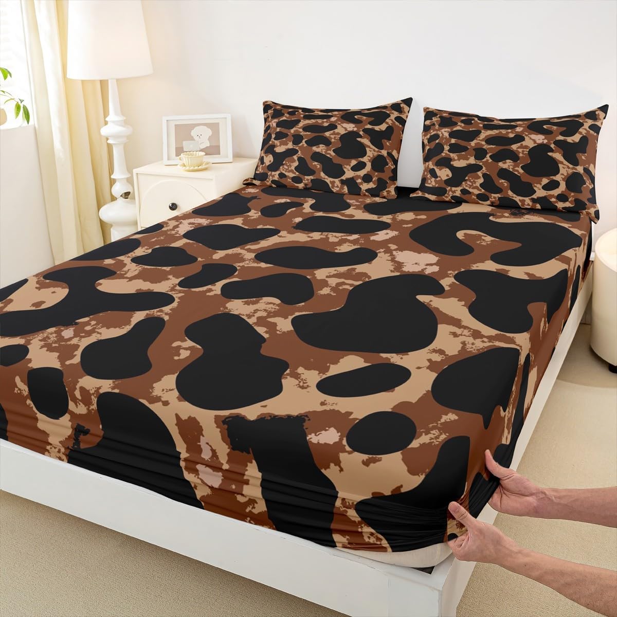 Erosebridal Brown Leopard Print Sheets Cheetah Bed Sheets African Safari Animal Queen Sheet Set Chic Gorgeous Microfiber All-Season Fitted Sheet 4pcs Sheet & Pillowcase Sets