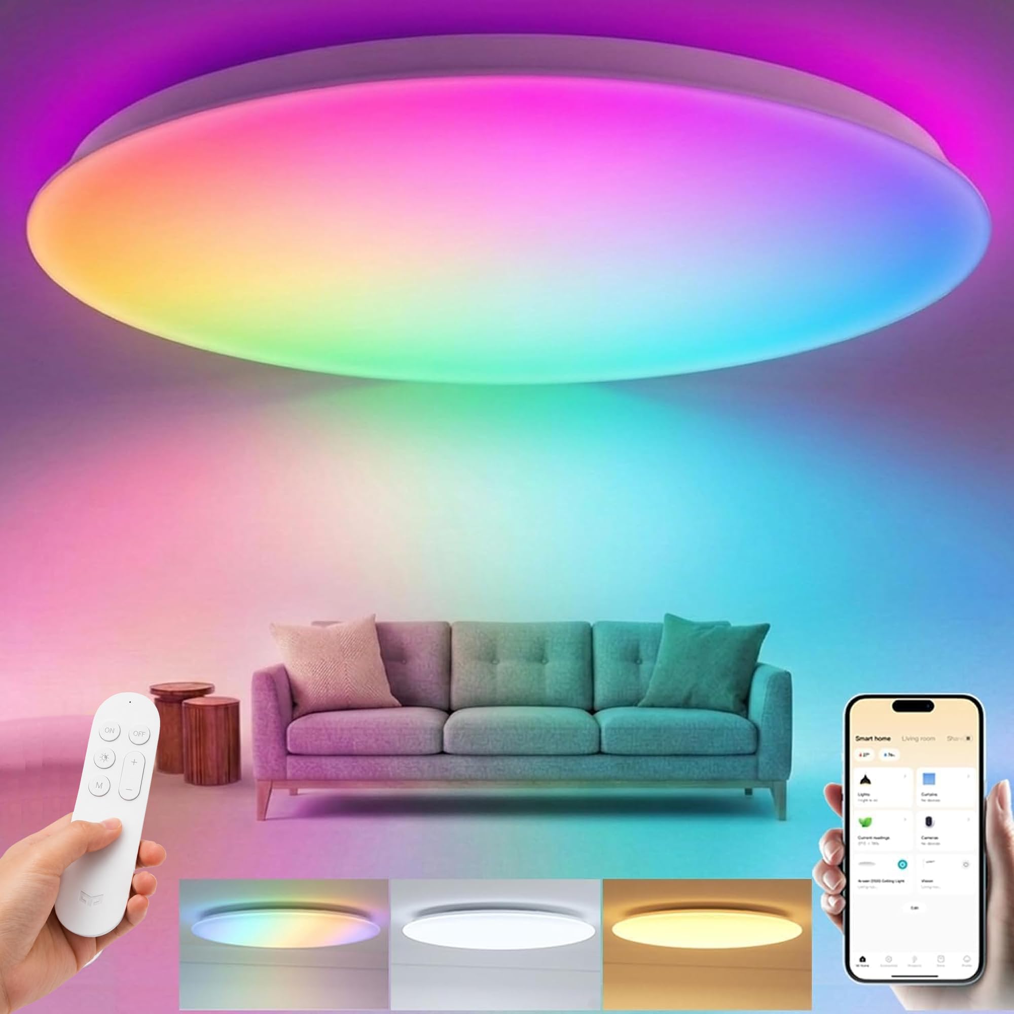 Yeelight Plafonnier LED 60cm, 4800LM RGBCW Intelligent Luminaire Plafonnier, Dimmable 2700K–6500K avec RGB Séparé, Installation Rapide, 16M Couleurs Compatible Alexa & Google, Application/Télécommande