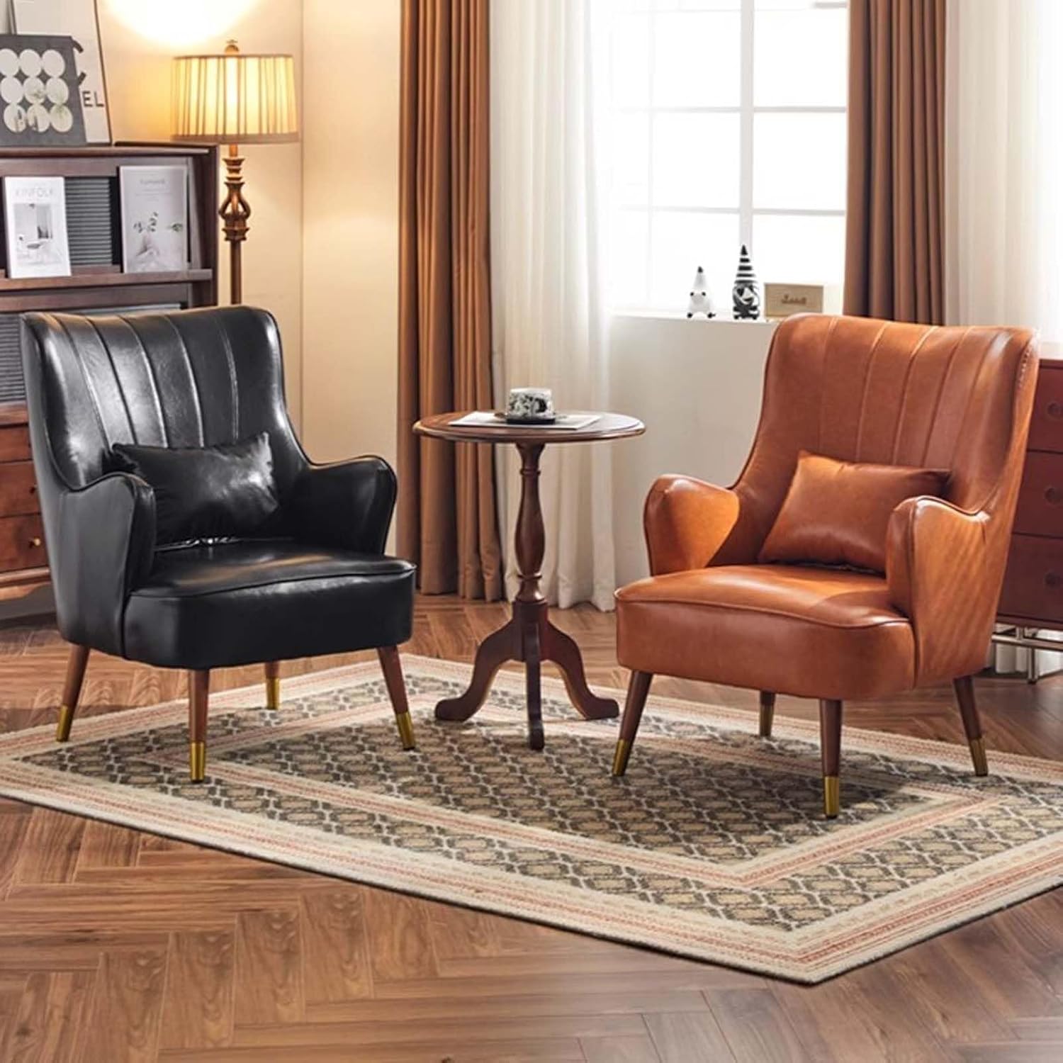 Accent Chair with Ottoman, Soft Faux Leather Upholstered Armchair, Mid Century Living Room & Bedroom Chair with Cushioned Seat, Reading Side Arm Chair for Adults - Gray(Coffee)