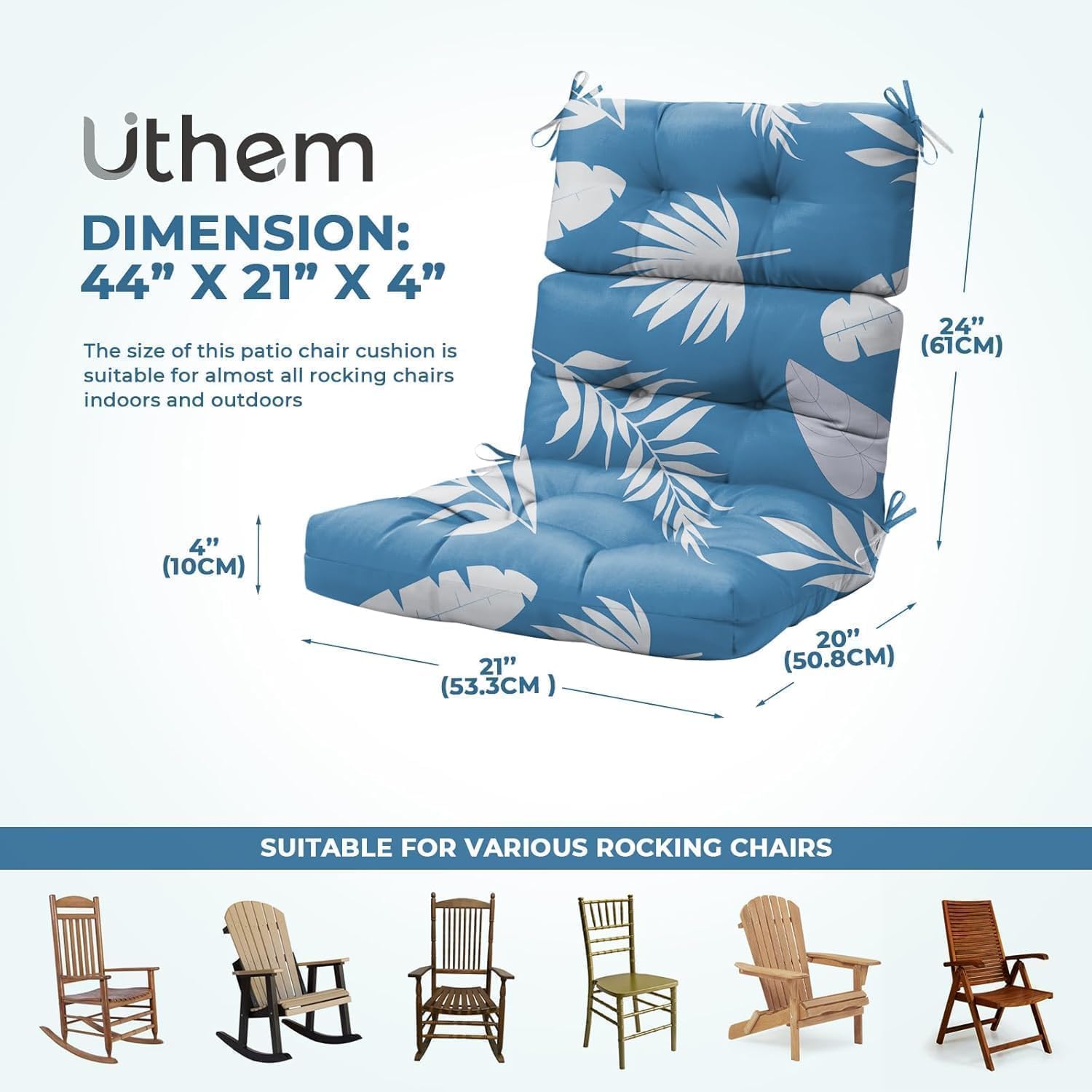 2 pack rocking chair cushion, waterproof chairs cushions for adirondack chairs patio chair high back thicked cushions outdoor and indoor with ties, blue leaf 2 pack blue leaf