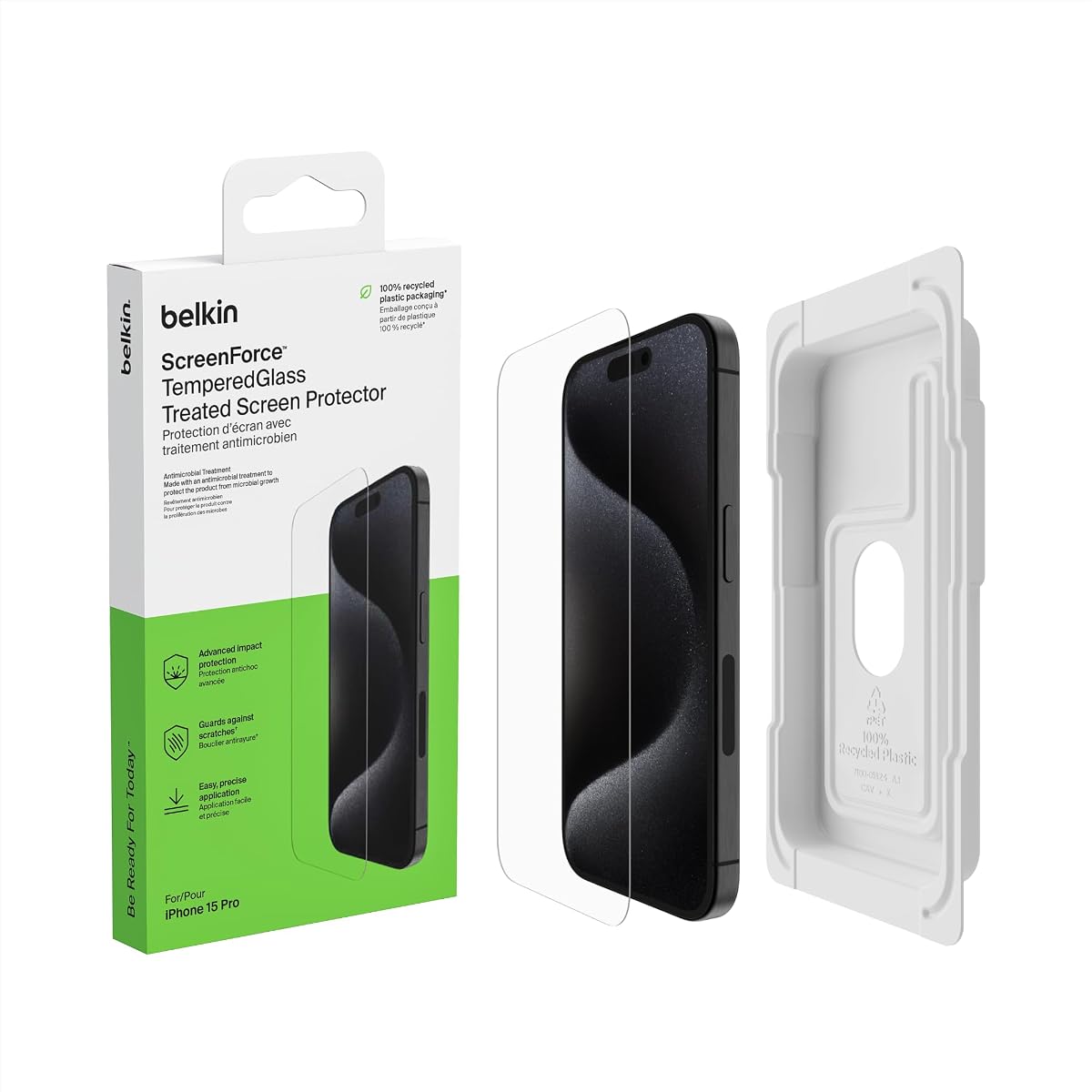 Belkin Tempered Glass 9H Scratch-Resistant Screen Protector iPhone 15 Pro | 9H tempered glass, shatterproof, scratch resistant, screen guard, case-compatible, easy align tray, bubble-free install