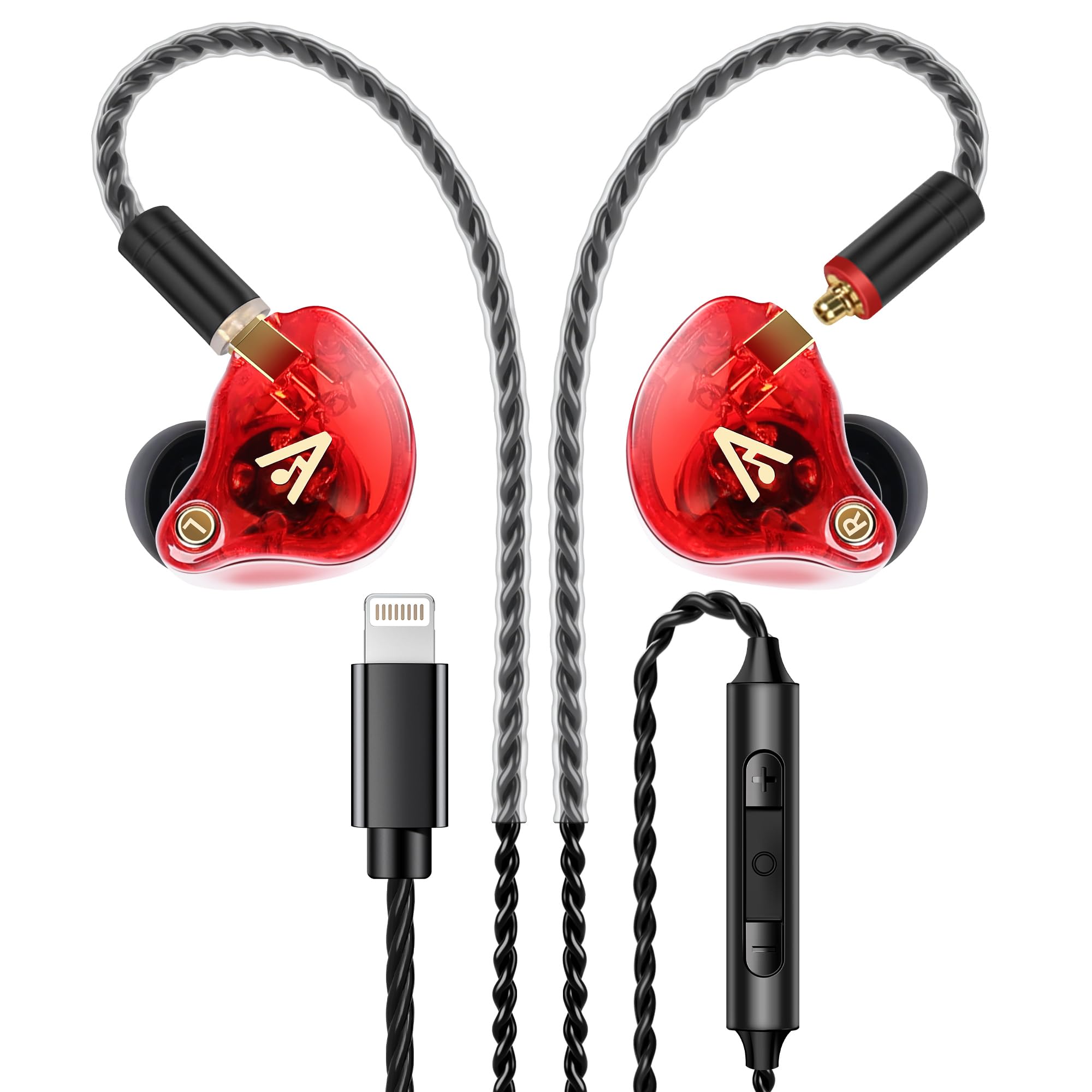 Vibes 202ML 有線イヤホン - HiFi インイヤーヘッドホン - ノイズアイソレーションイヤホン マイク付き - クリアなサウンド 重低音 快適フィット イヤホン - MMCX - Lightning iPhone 5–14用 シルバーメッキコード キャリーケース