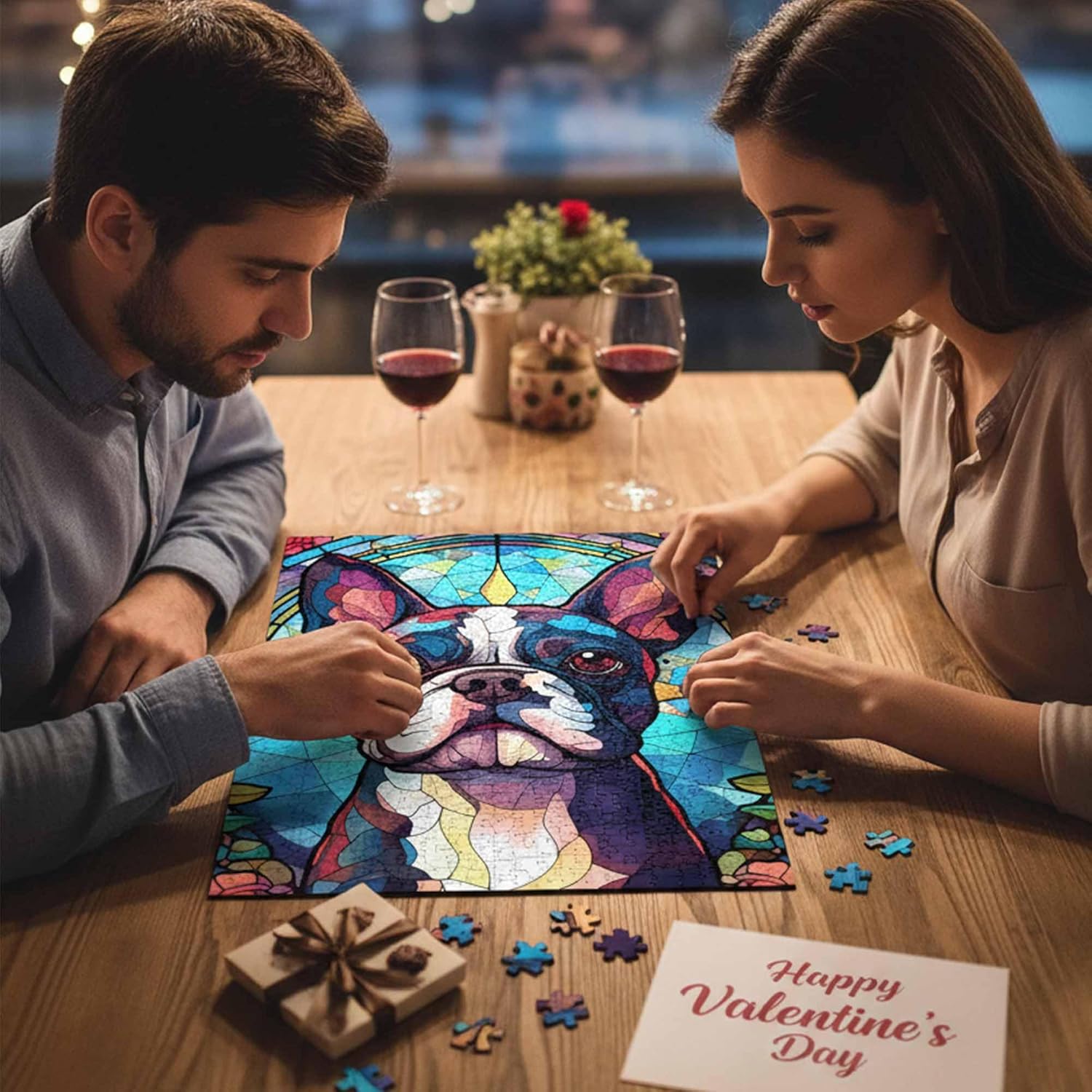 Wooden Jigsaw Puzzle 1000 Pieces for Adults - Boston Terrier Stained Glass Jigsaw Puzzles 1000 Pieces Dogs Art, 29.5 x 19.7 Inch Large Puzzle with Letters On Back, Stress Relief Toys Adult