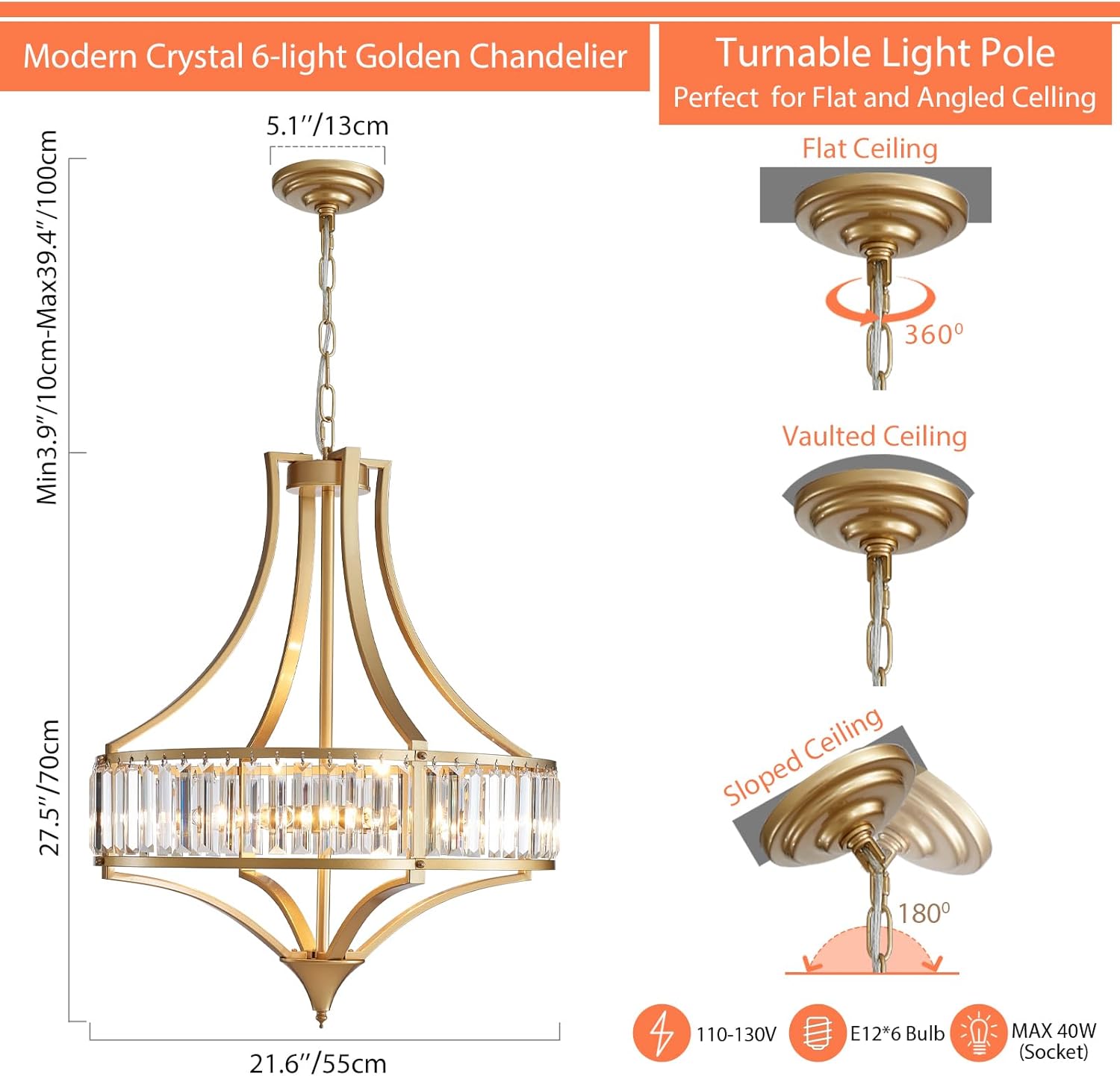 crystal chandeliers for dining room 21.6" rustic farmhouse chandelier with round metal shade 6-light large gold dining room light fixture for kitchen, hallway, bedroom, foyer 21.6"-gold