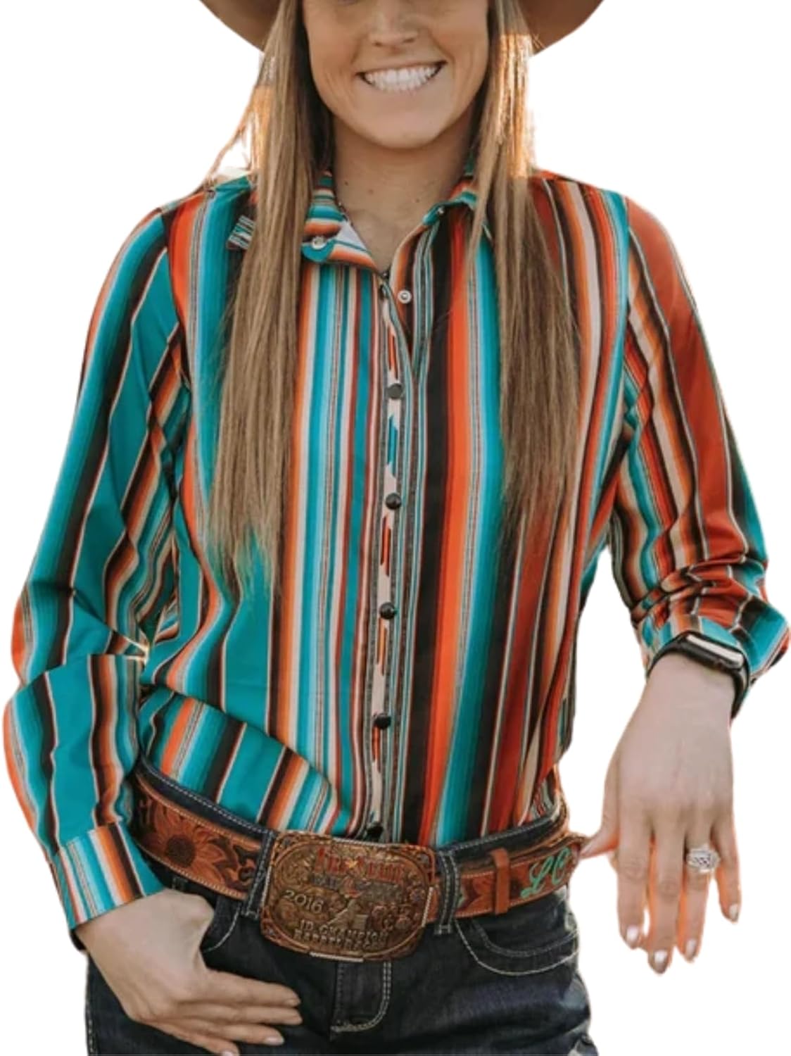 Joiemont Women's Retro Aztec Shirt Western Cowgirl Pearl Snap Blouses Button Up Long Sleeve Ethnic Printed Top