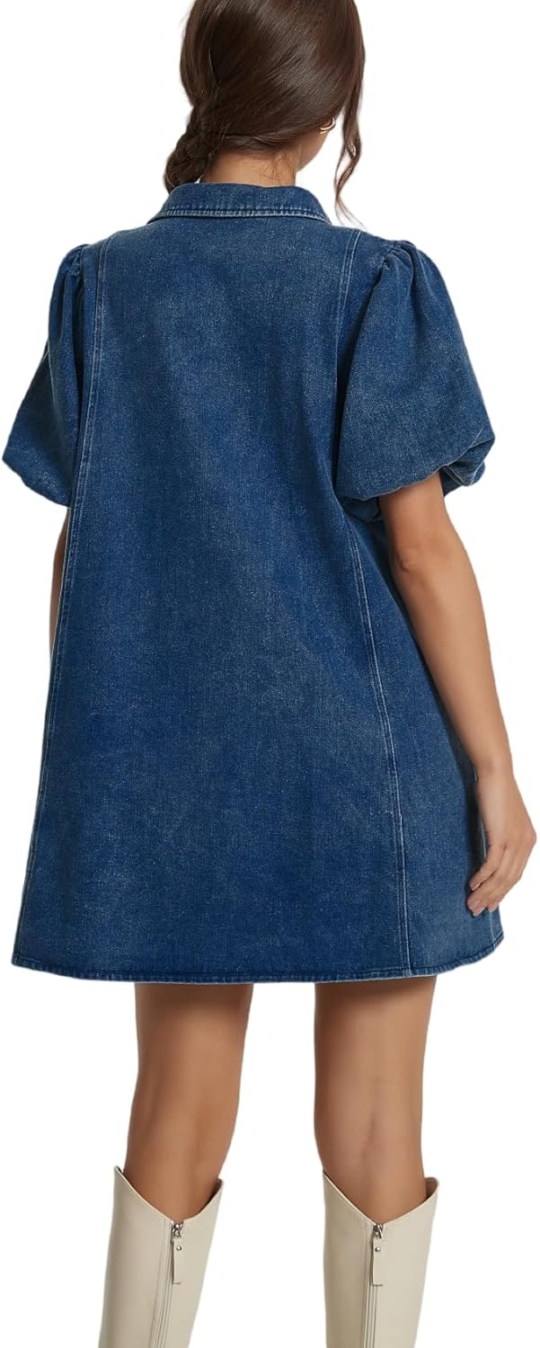 LifeShe Women's Blue Denim Babydoll Mini Dress with Puff Sleeves, Lapel Collar & Diamond Bow Decor - Image 2