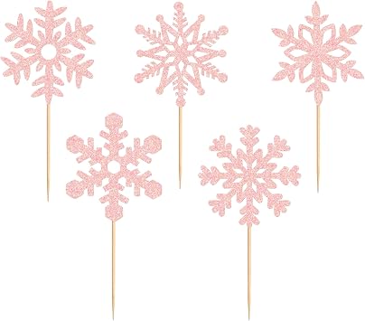 Ercadio 25pcs Snowflake Cupcake Toppers Glitter Snowflake Cupcake Picks Frozen Light Pink Snowflake Cake Decors Baby Shower Gender Reveal Winter Theme Christmas Party Cake Decor Supplies
