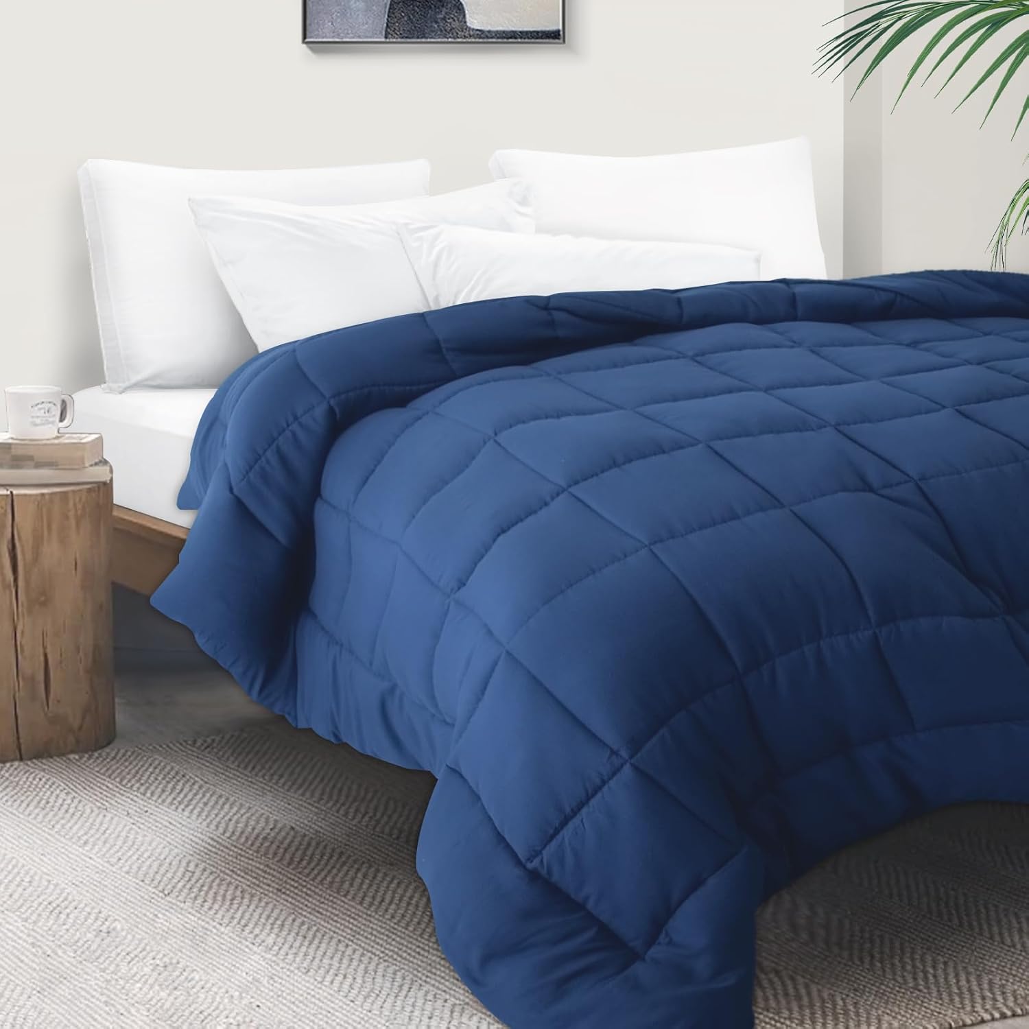 Queen Mattress Protector Waterproof Cover 2 Pack & Comforter Duvet Insert - Quilted Down Alternative Comforter, Navy Blue
