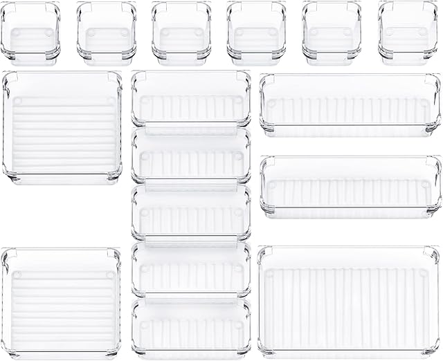 InnoGear Makeup Drawer Organiser 16 Packs Desk Drawer Organisers Trays with 5-Size Clear Plastic Storage Boxes Divider for Kitchen Bathroom Office Stationery