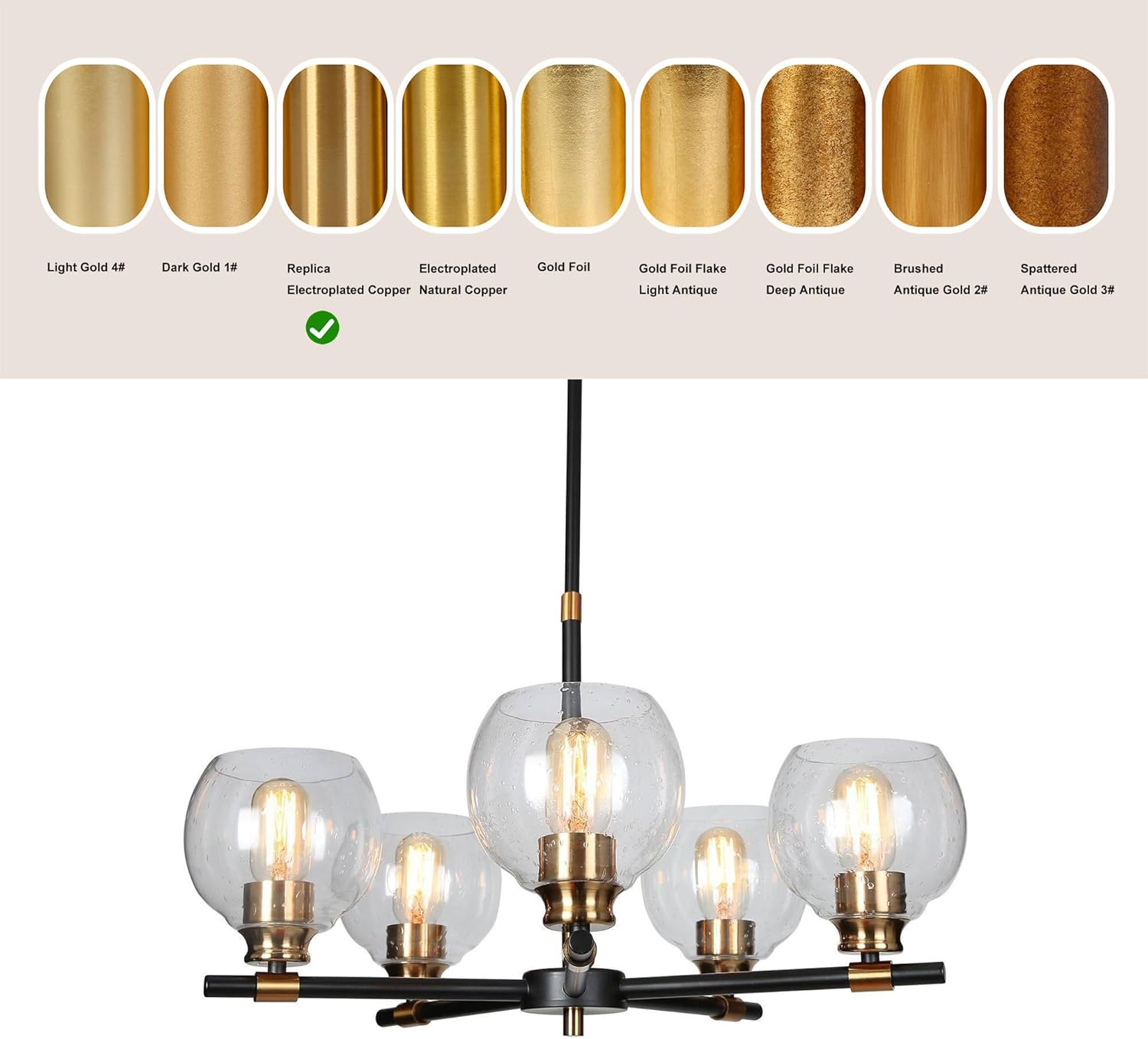KSANA Chandeliers for Living Room, 5 Light Mid-Century Modern Chandeliers with Seeded Glass, Black Gold Globe Chandelier for Dining Room, Kitchen, Bedroom