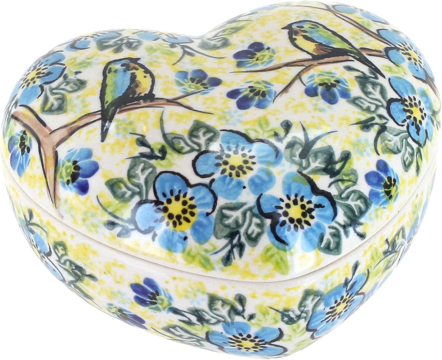 Blue Rose Polish Pottery - Yellow Alyssa Large Heart Box - 5.5" x 5" - Hand-Painted Polish Pottery Ceramic Jewelry, Trinket & Keepsake Storage Box with Lid
