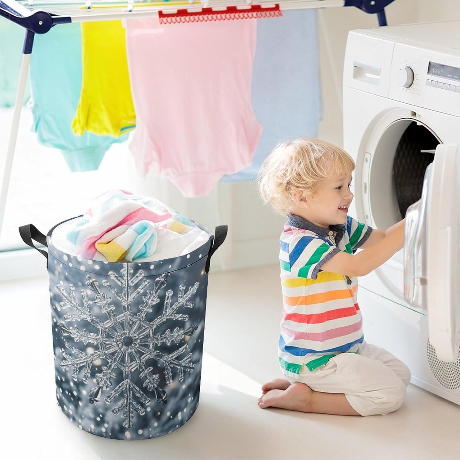 Transparent Snowflake Laundry Bag Large Collapsible Laundry Baskets Freestanding Waterproof Clothes Hamper with Handles & Drawstring for Laundry Room Bedroom Bathroom