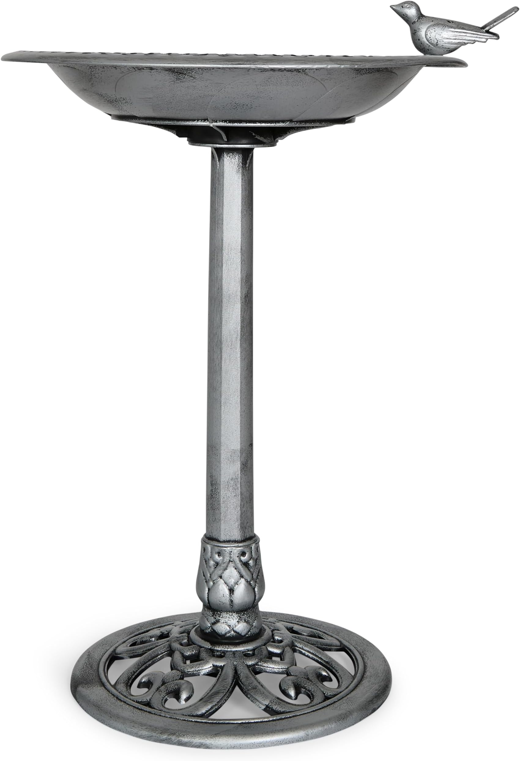 Outdoor Garden Bird Bath - Silver - Weather Resistant Polyresin - 30 Inch - Backyard Expressions